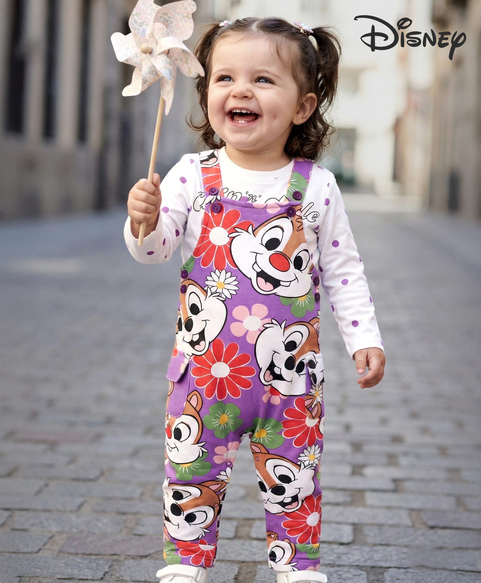 Babyhug Disney Single Jersey Knit Full Sleeve T-Shirt & Dungaree Set with Chip n Dale Graphic - Lilac & White