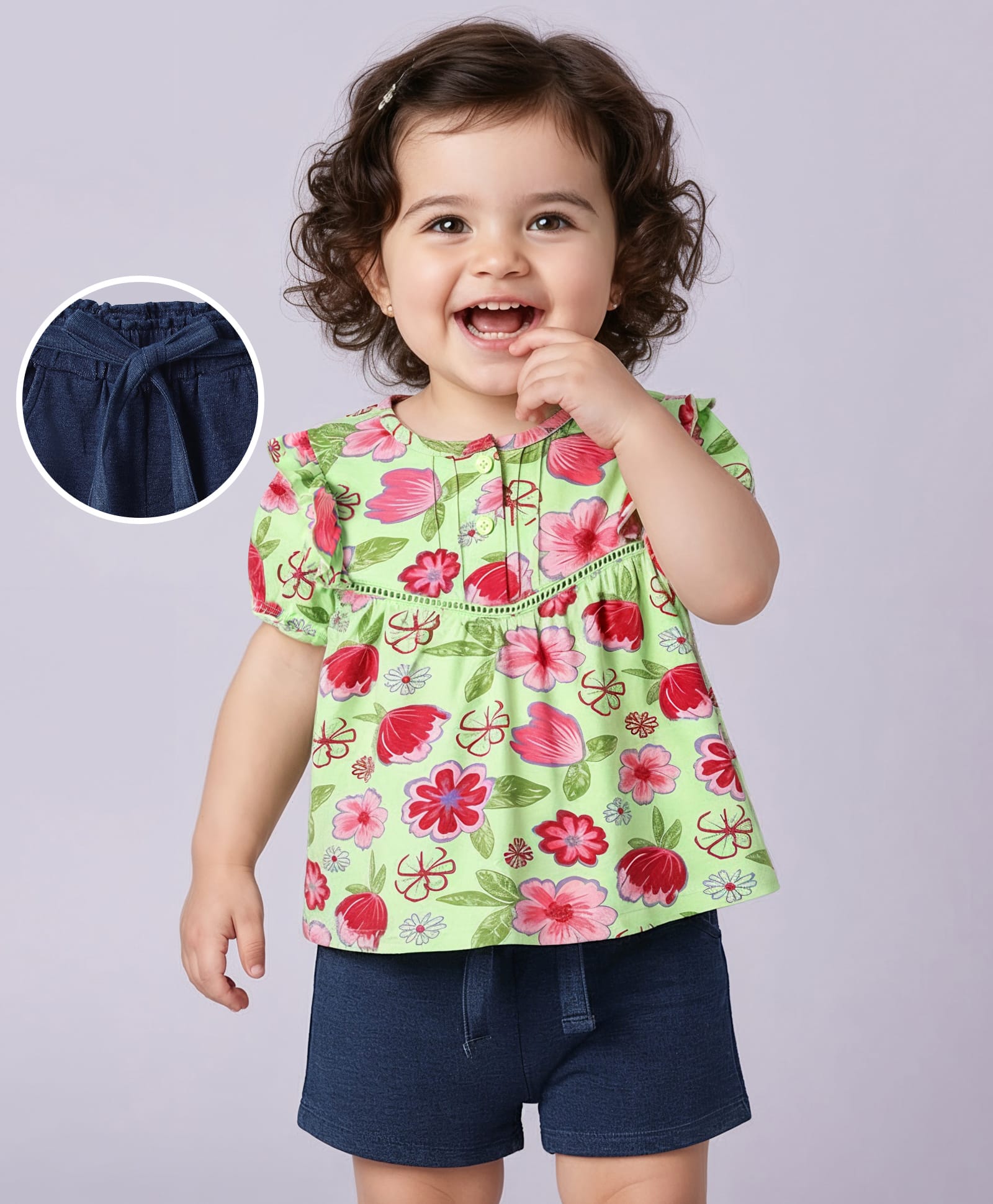 Babyoye Cotton Lycra Half Sleeves Floral Printed Top With Frill Detailing & Short With Belt Set - Green & Navy Blue-picture-9