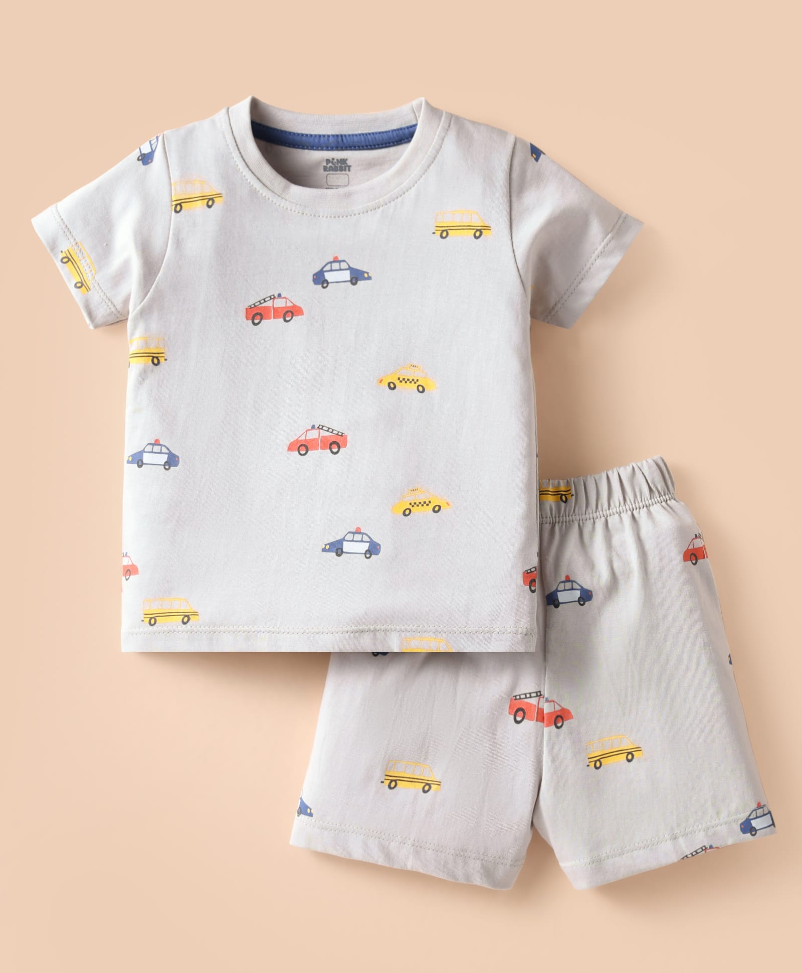 Pink Rabbit Single Jersey Knit Half Sleeves Shorts Co-ords Night Suit With Vehicle Print - Grey-image-12