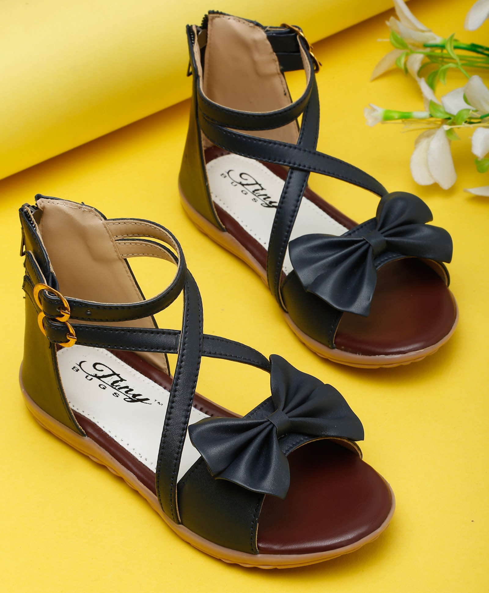 Tiny Bugs Bow Applique Detailed Colour Blocked Sandals With Zipper Closure - Navy Blue-picture-36