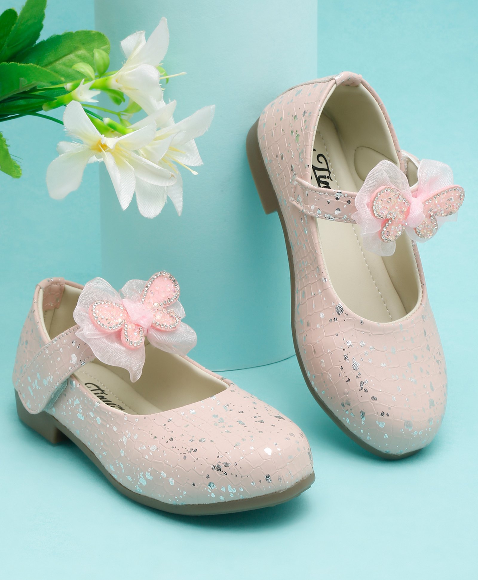 Tiny Bugs Butterfly Applique Detailed Stones Embellished Abstract Glitter Printed Mary Jane Ballerinas With Velcro Closure - Pink-picture-19