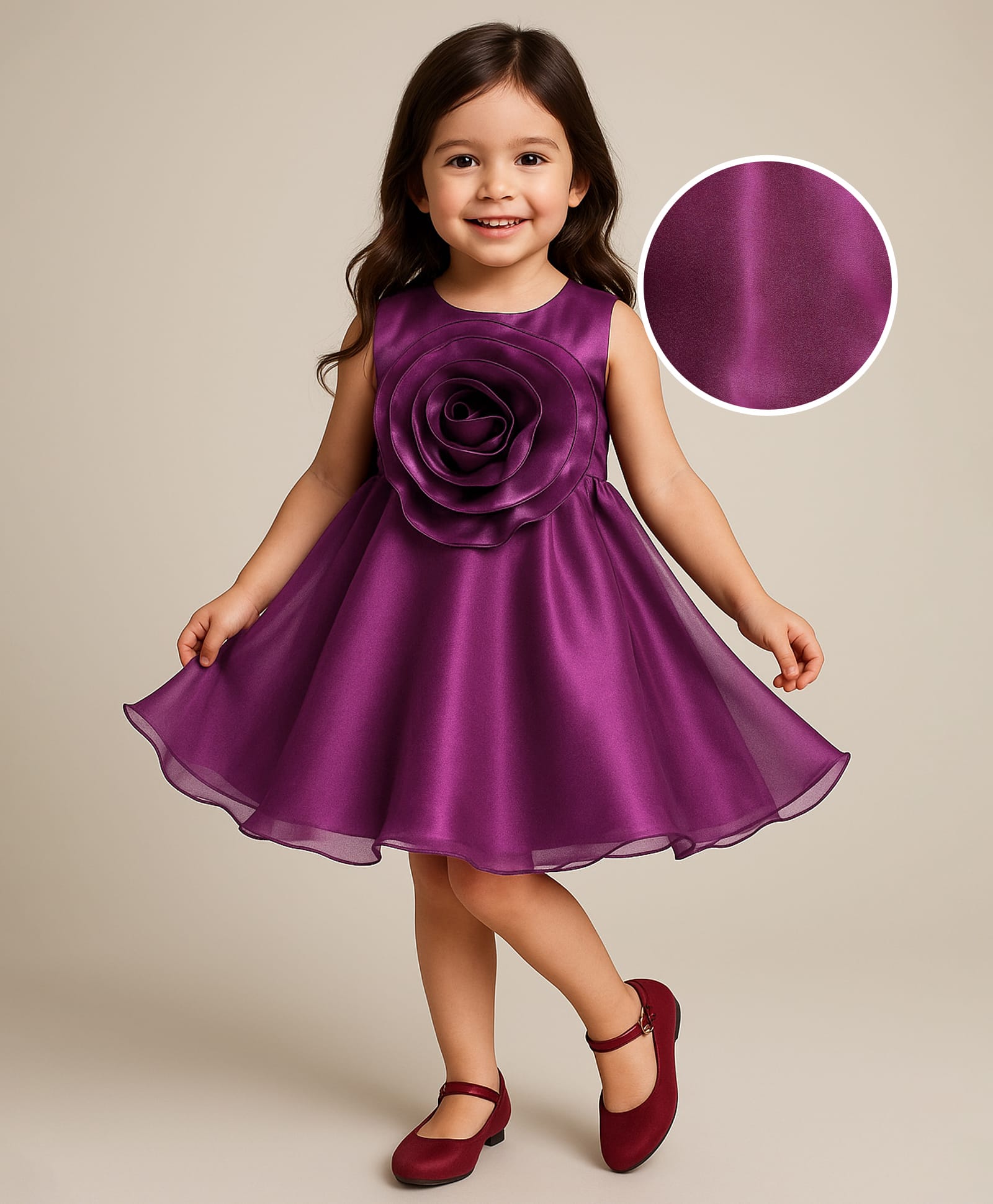 Babyhug Woven Sleeveless Party Dress With Floral Applique On Yoke - Wine-image-35