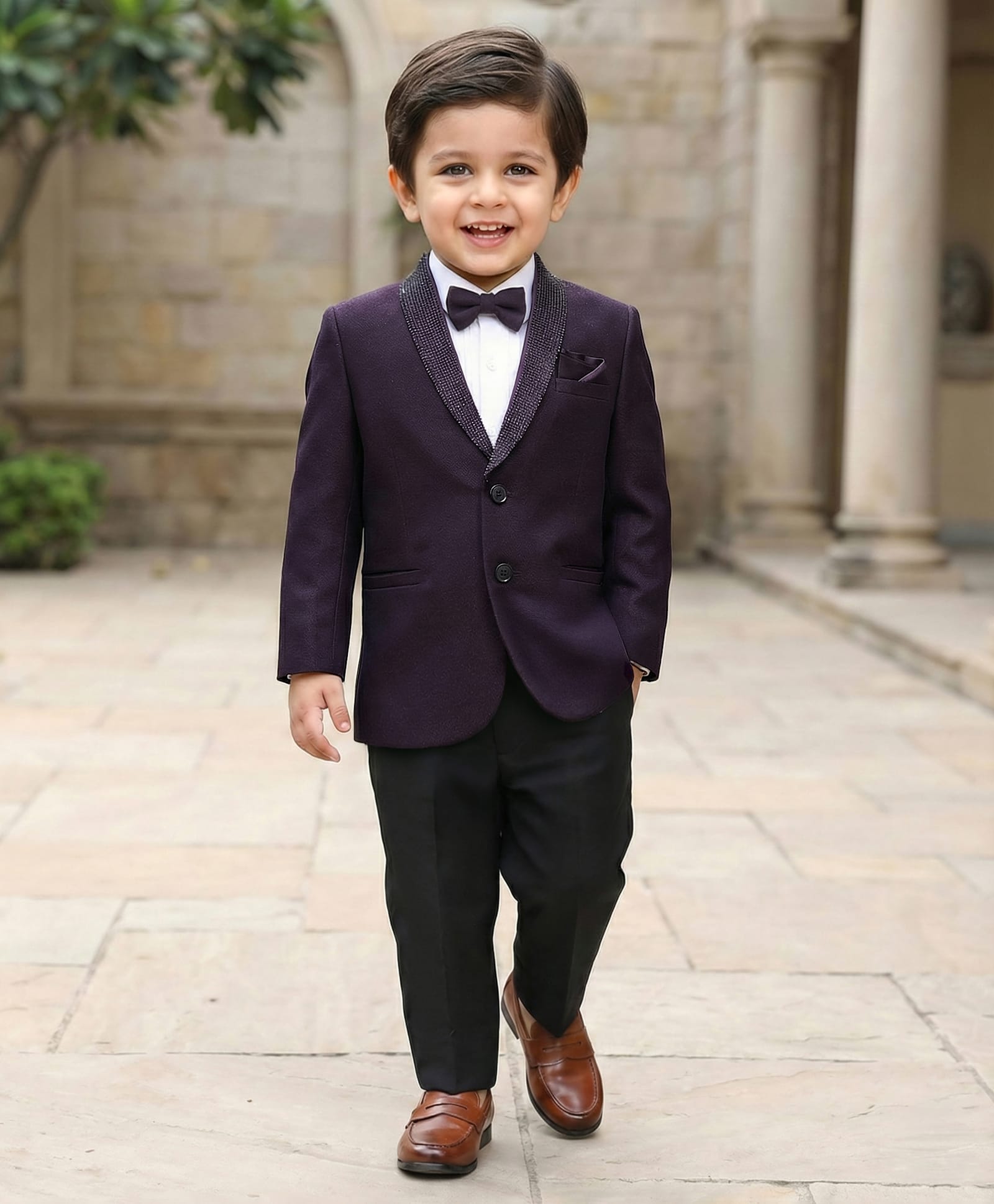 Babyhug Knit Full Sleeves Solid Color 3 Piece Suit with Bow - Wine Black-picture-25