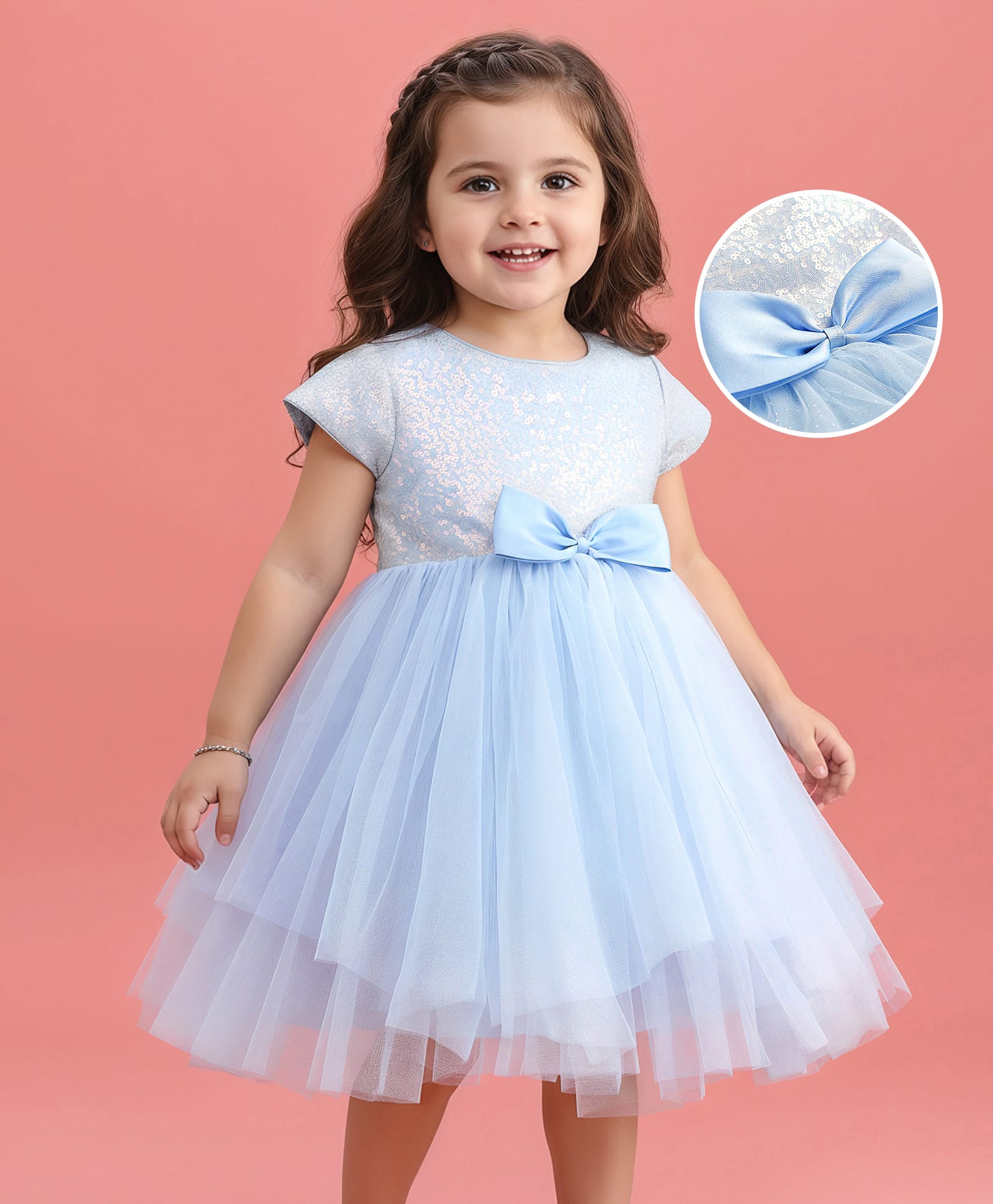 Babyhug Mesh Woven Cap Sleeves Flared Partywear Dress With Sequins On Yoke - Light Blue-image-13