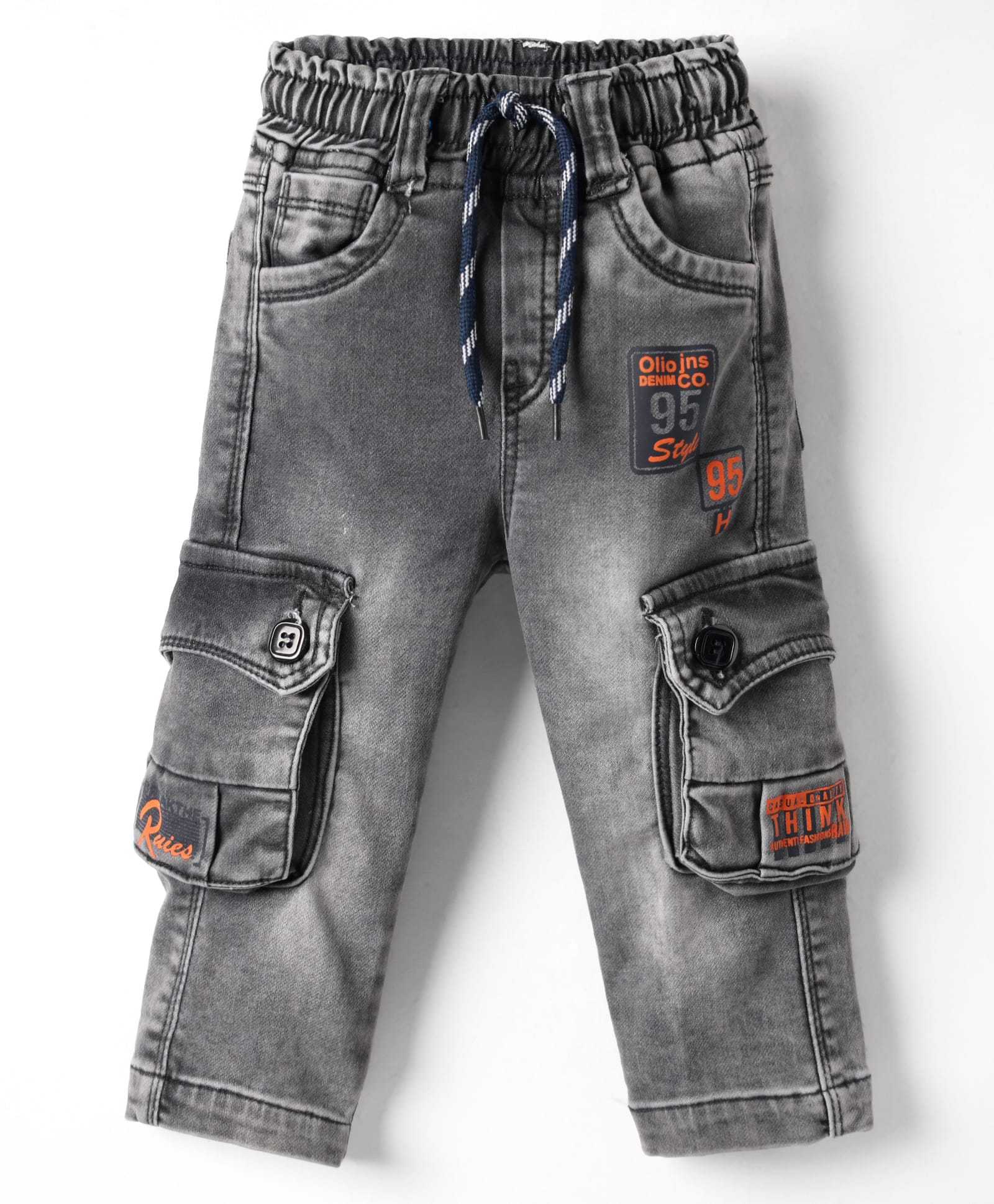 Olio Kids Denim Full Length Jeans With Cargo Pockets & Text Print - Charcoal Grey-picture-28