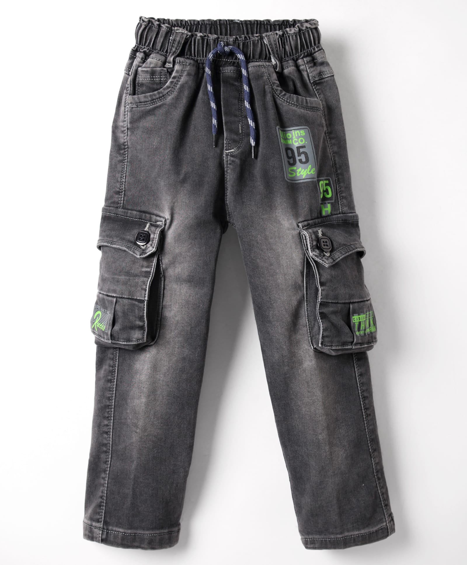Olio Kids Denim Full Length Jeans With Cargo Pockets & Text Print - Black-picture-25