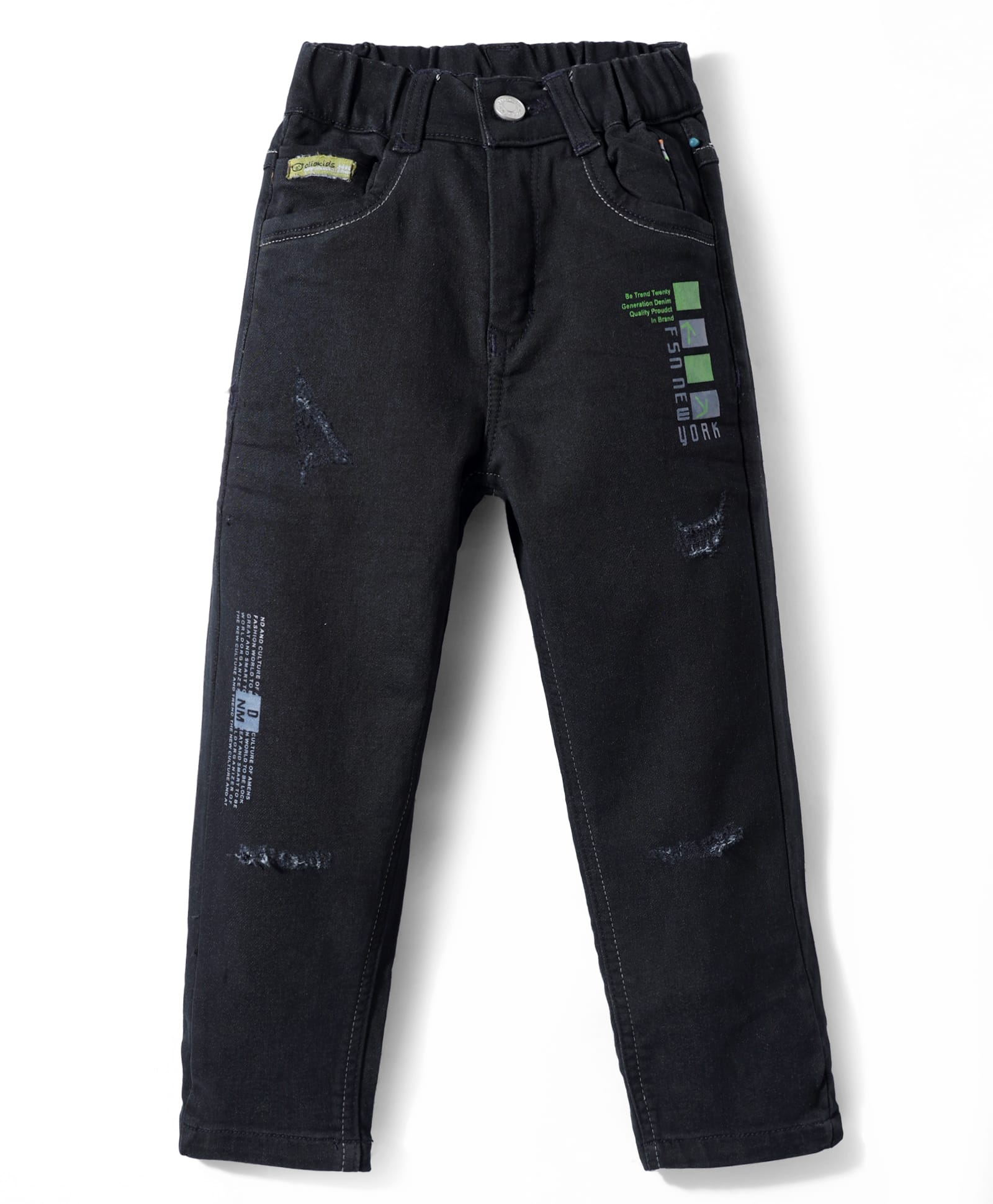 Olio Kids Knit Full Length Distressed Denim Jeans With Text Print - Black-picture-44