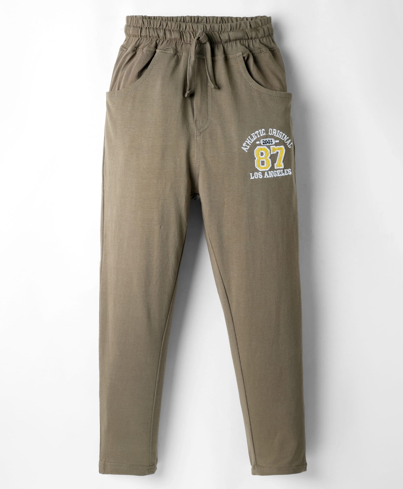 Olio Kids Cotton Knit Full Length Track Pant with Text Embroidery - Tan-picture-13