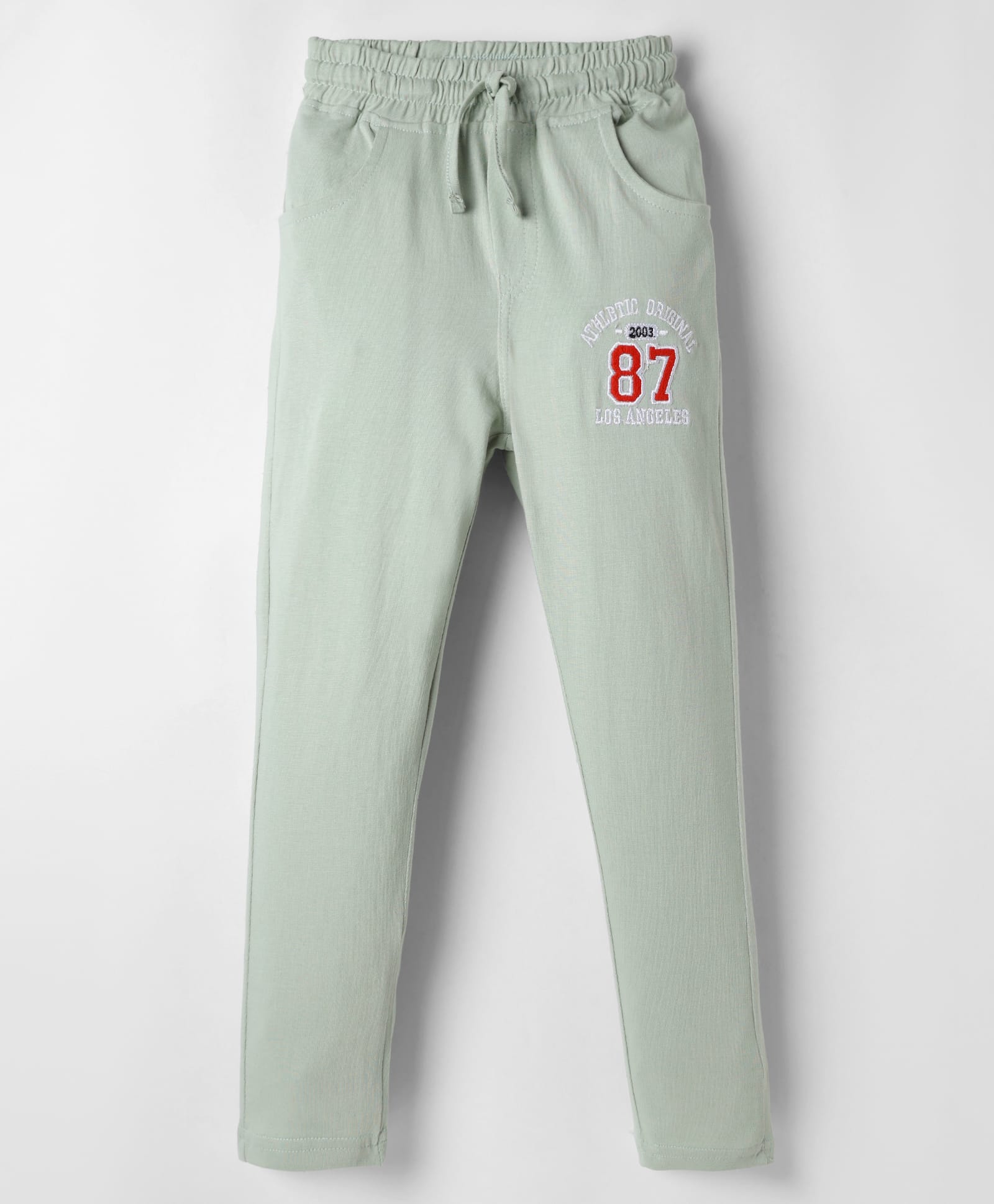 Olio Kids Cotton Knit Full Length Track Pant with Text Embroidery - Olive Green-image-3