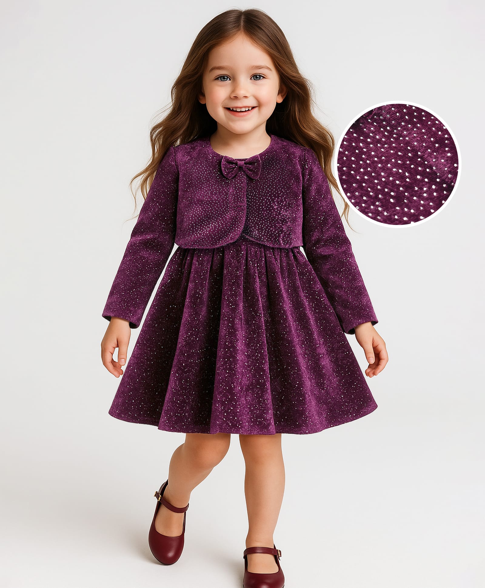 Babyhug Woven Shimmered Party Dress & Full Sleeves Shrug With Bow Applique - Wine