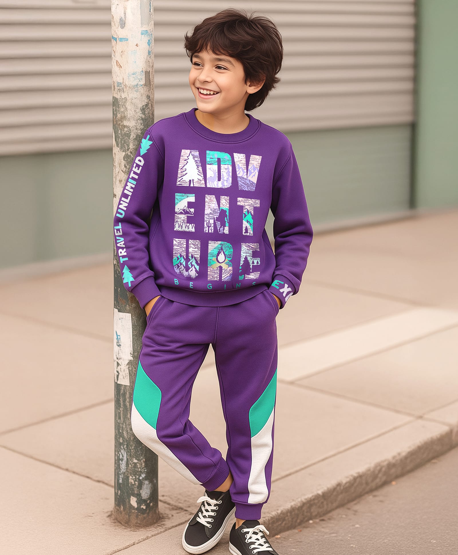 Ollington St. Cotton Knit Full Sleeves Printed Sweatshirts & Knit Joggers Set - Purple-image-39