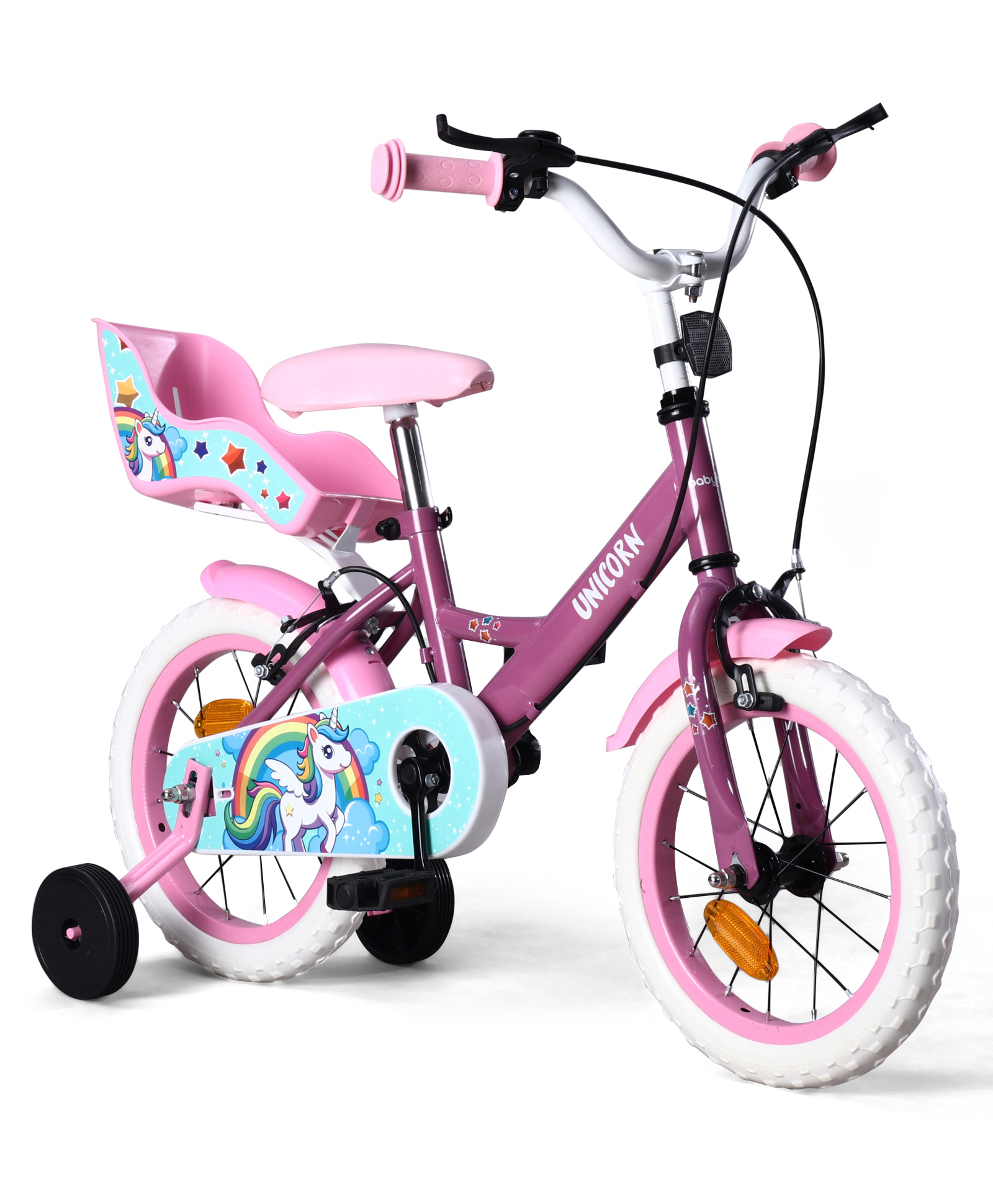 Babyhug Unicorn 14 Inch Kids Bicycle with Training Wheels - Pink & Purple| Adjustable Seat & Handlebar Height| Rear Basket| Safety Chain Guard| Puncture Proof Tyres