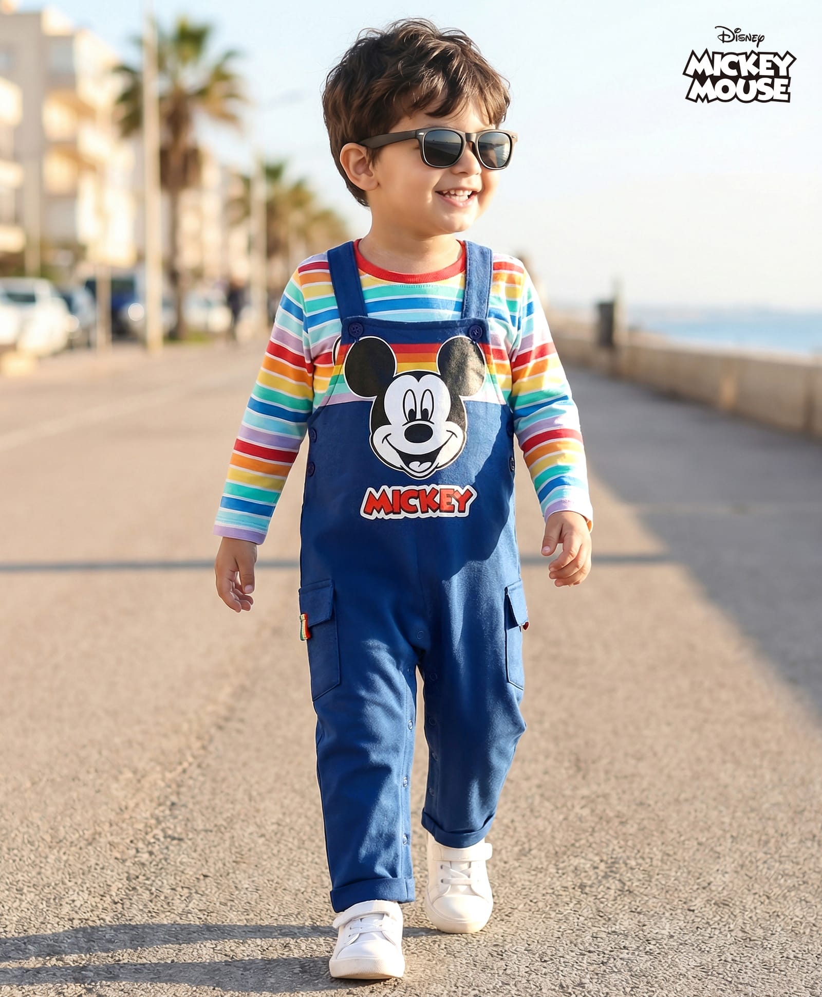 Babyhug Disney Single Jersey Knit Full Sleeves Dungaree & Tee With Mickey Mouse Print - Navy Blue-image-0
