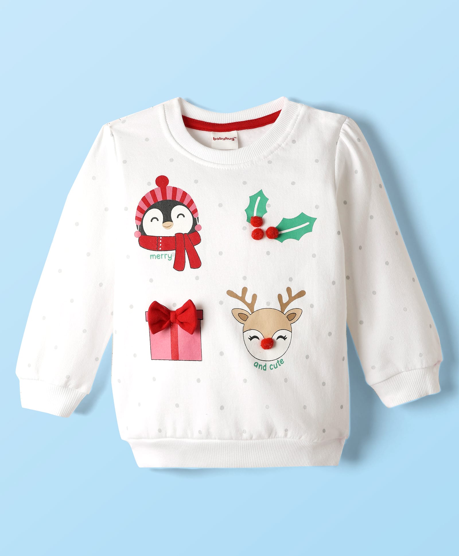 Babyhug Cotton Knit Full Sleeves Sweatshirt With Animal & Polka Dot Print - White-image-18