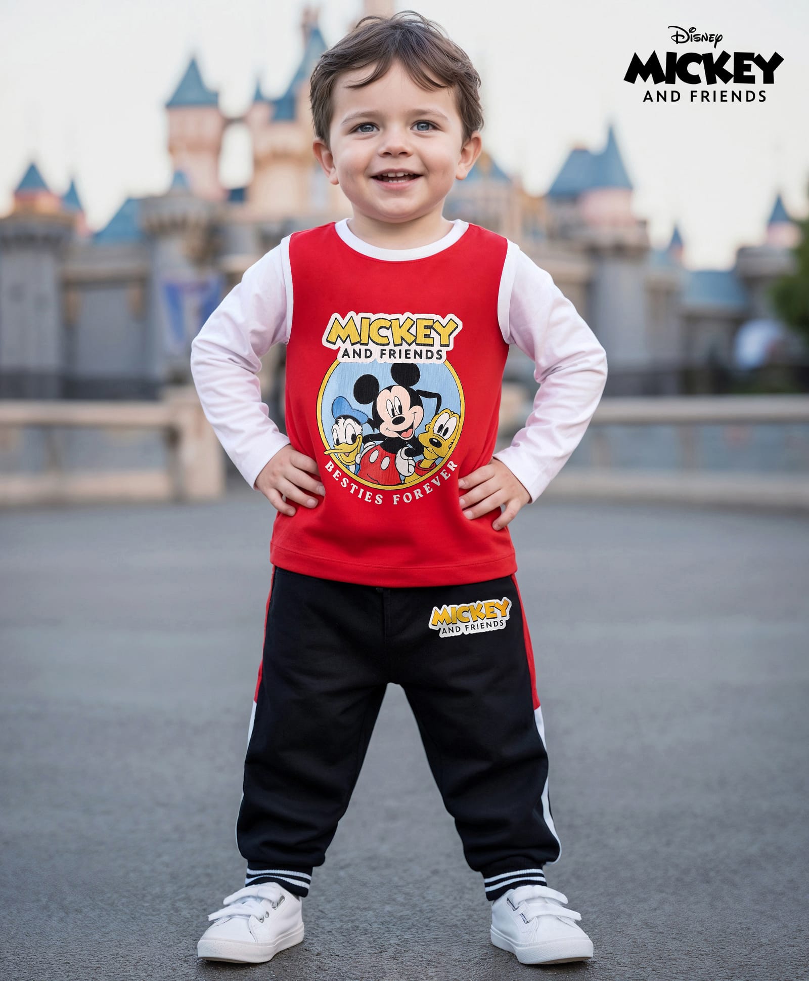 Babyhug Disney Single Jersey Knit Full Sleeves T-Shirt & Joggers Set with Mickey Mouse Graphic - Red White & Black-picture-17