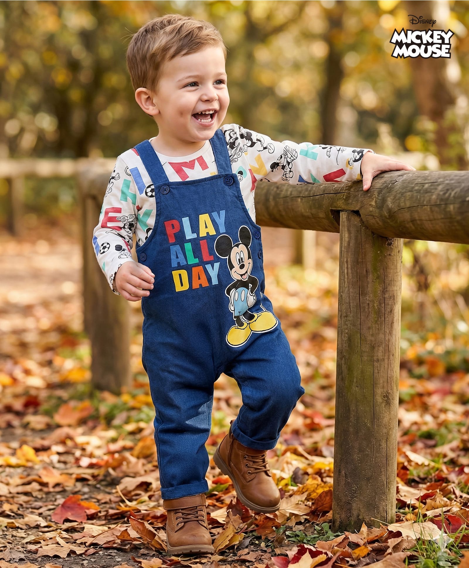 Babyhug Disney Single Jersey Knit Full Sleeves Dungaree & Tee With Mickey Mouse Graphics - Navy Blue & White-image-21