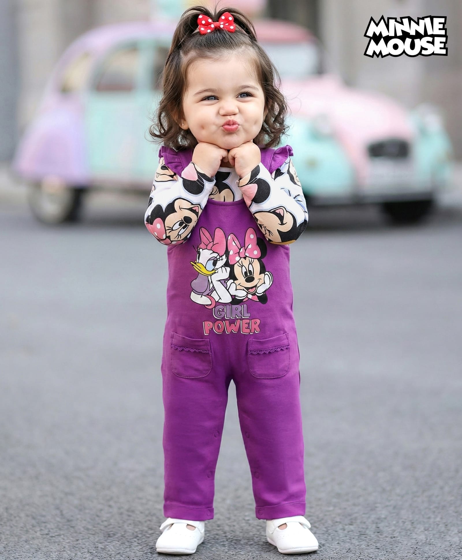 Babyhug Disney 100% Cotton Full Sleeves T- Shirt & Dungaree With Minnie Mouse Graphic - Multi Colour-image-2