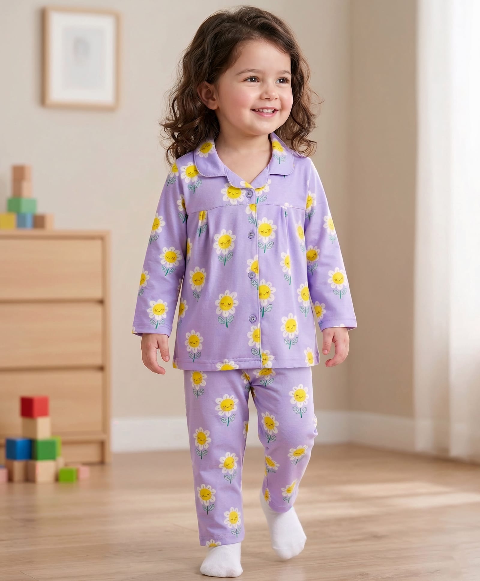 Babyhug Cotton Knit Full Sleeves Front Open Co-Ord Night Suit with Sunflower Print - Lavender-image-20