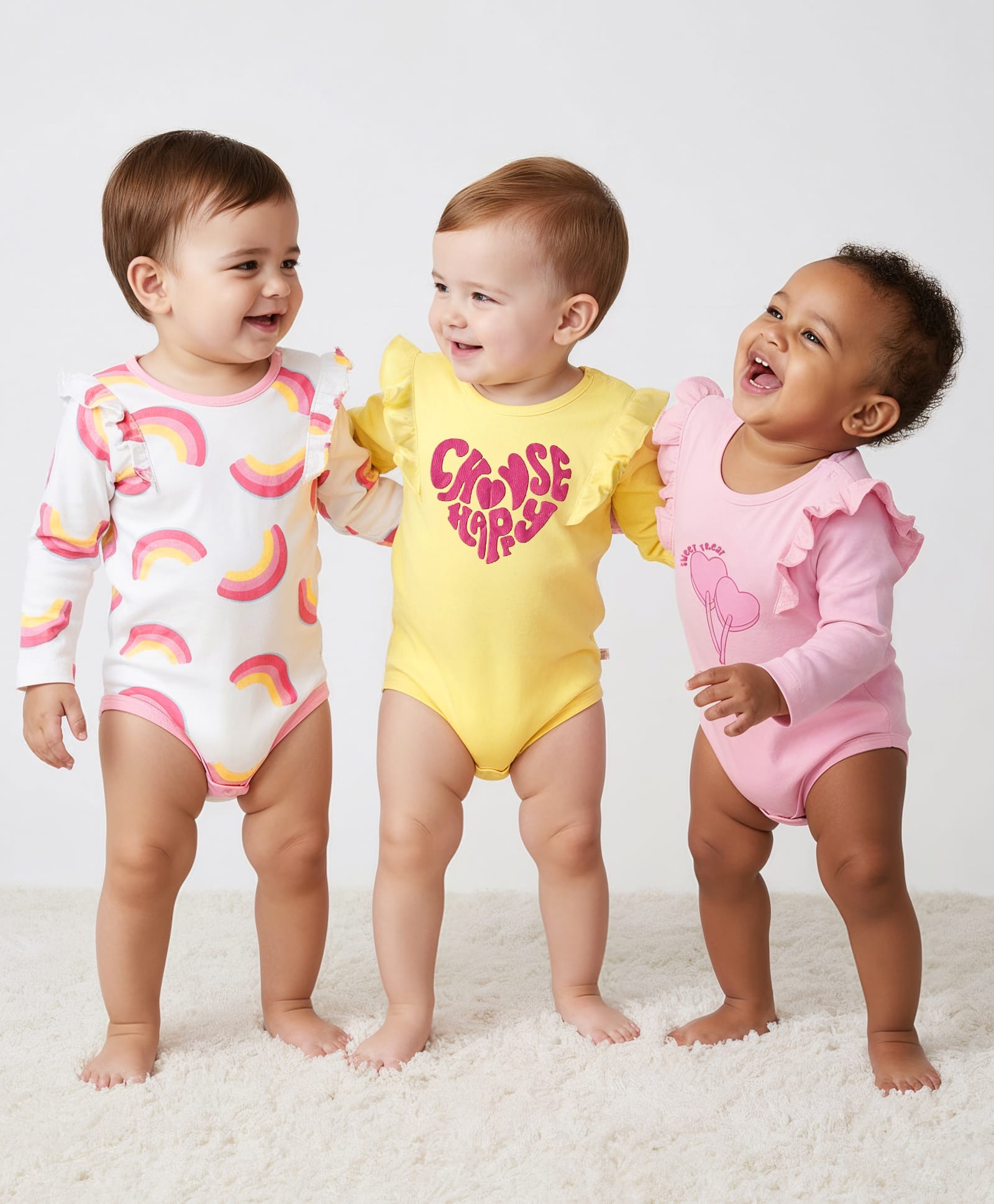 Bonfino 100% Cotton Knit Full Sleeves Onesies with Heart & Rainbow Print Pack of 3 - Yellow Pink & White-picture-18