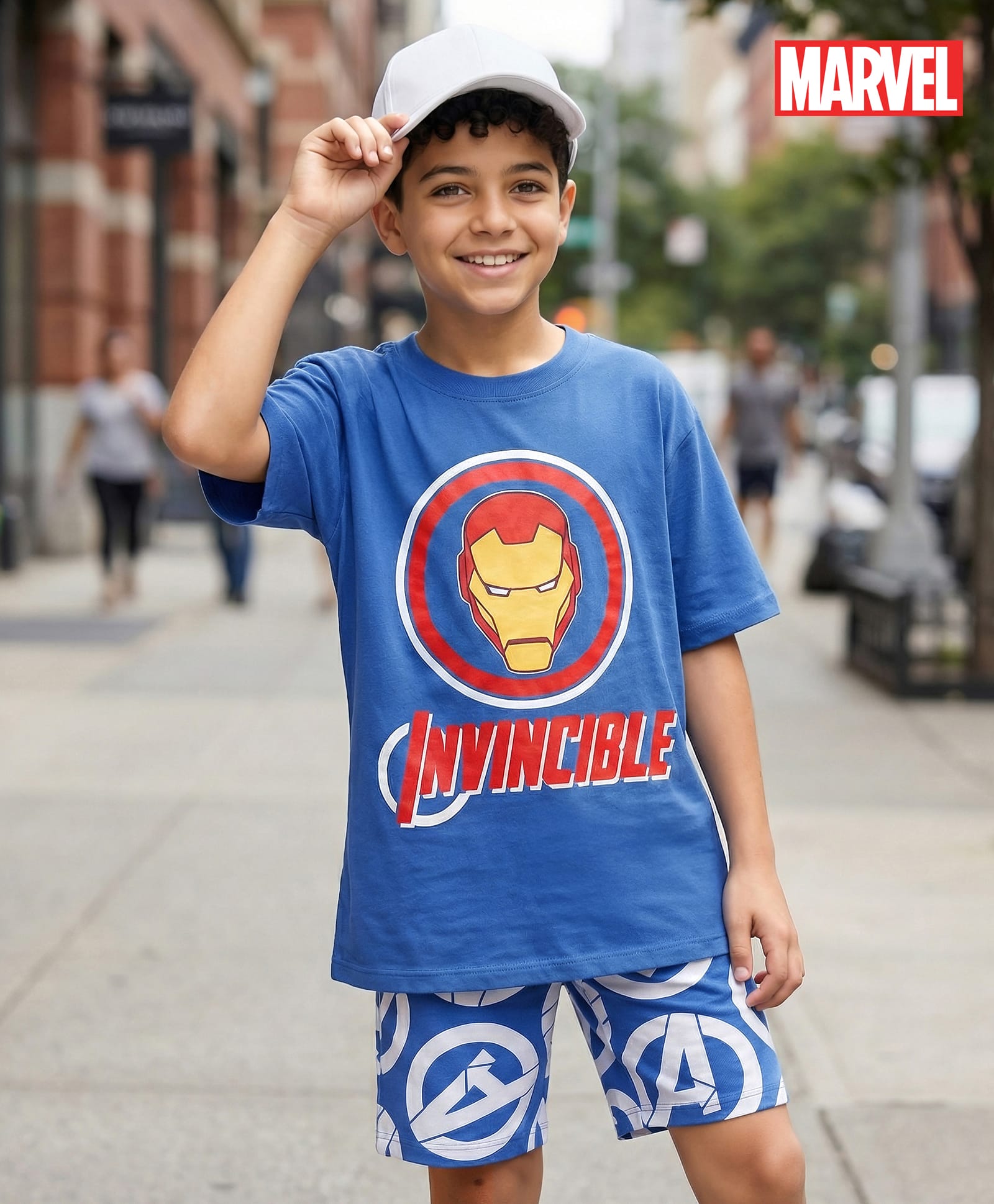 Pine Kids Marvel Single Jersey Knit Drop Shoulder Half Sleeves Oversized T-Shirt & Shorts Set With Iron Man Graphics - Blue-image-8