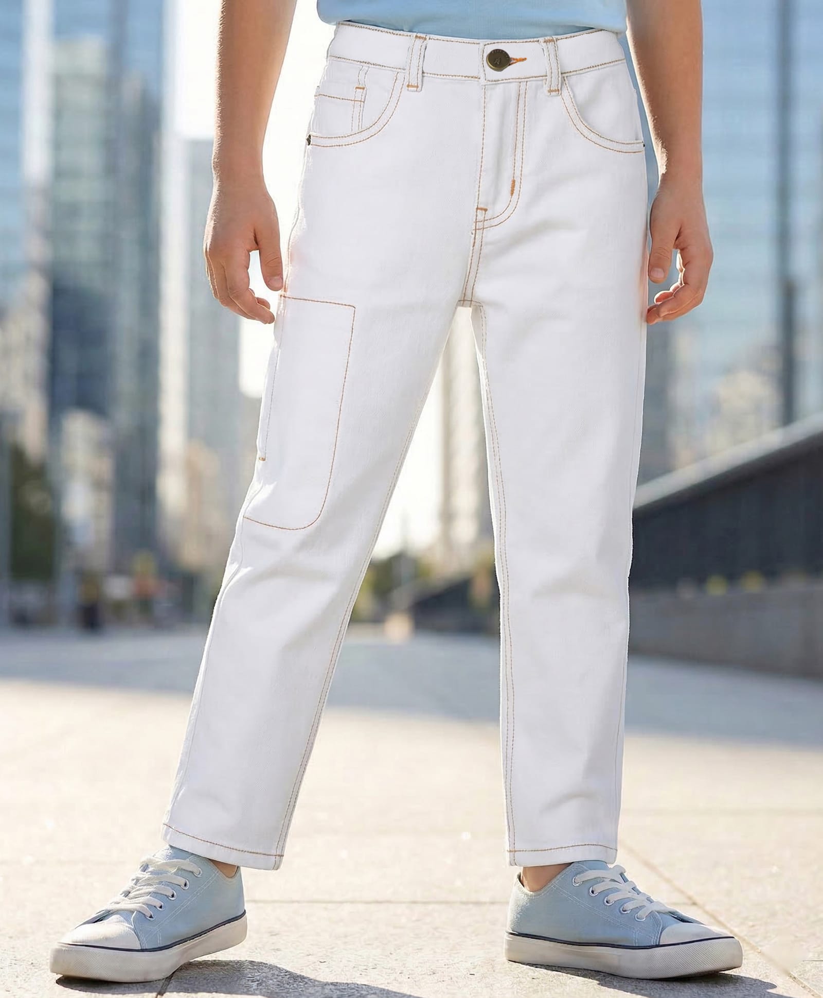 Pine Kids Woven Full Length Washed Denim Jeans - White-picture-35