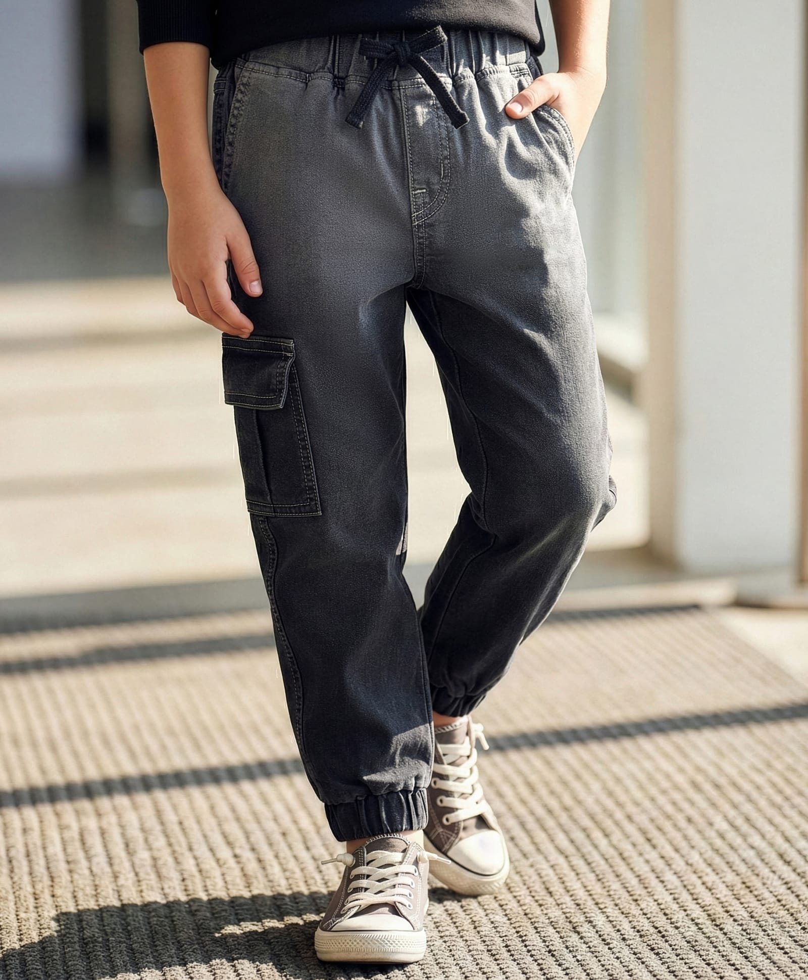 Pine Kids Woven Full Length Washed Denim Jeans With Cargo Pocket - Black-picture-14