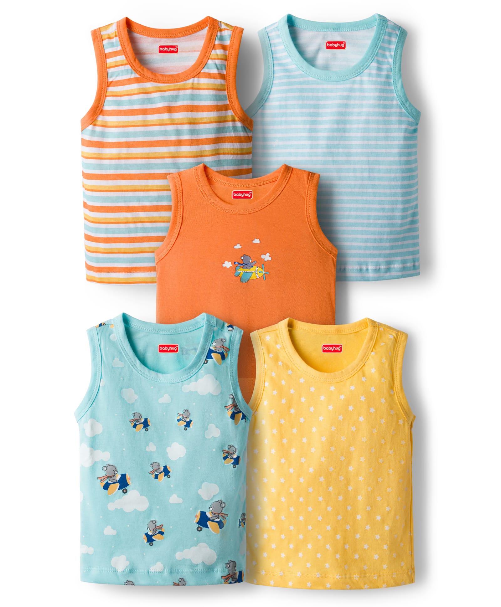 Babyhug 100% Cotton Knit Antibacterial Sando with Stripes Vehicle & Animal Print Pack of 5 - Blue Orange & Yellow-image-35