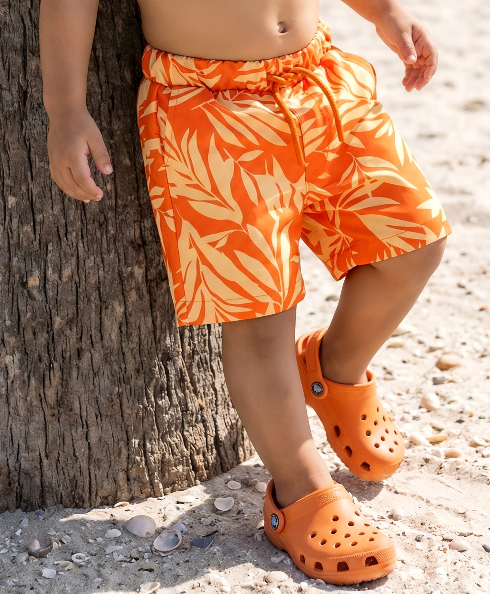 Babyhug Woven Mid Thigh Length Quick Dry Trunk with Leaves Print - Orange-picture-14