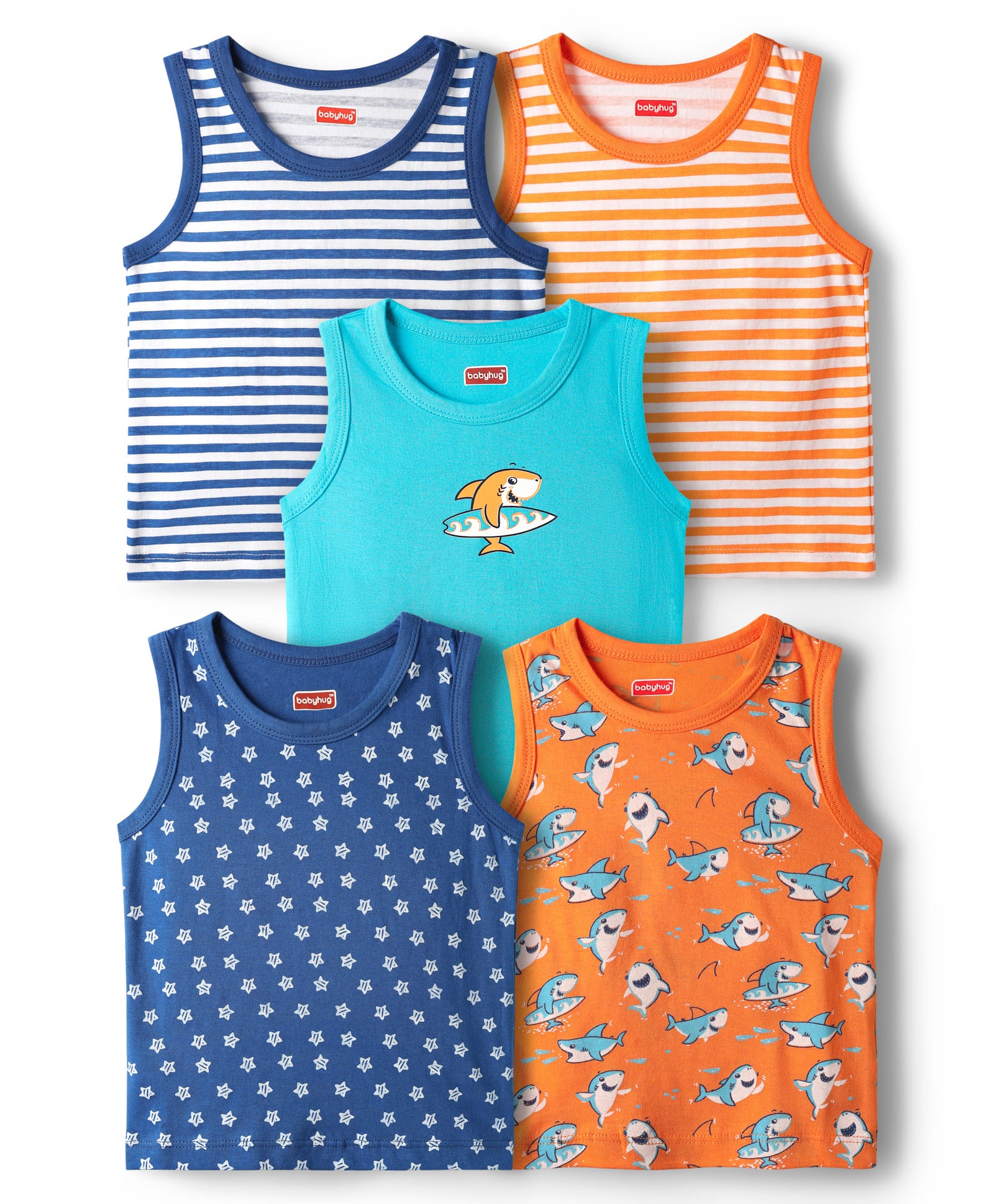 Babyhug 100% Cotton Knit Sleeveless Antibacterial Sando with Strips Stars & Shark Print Pack of 5 - Navy Blue & Orange-image-12