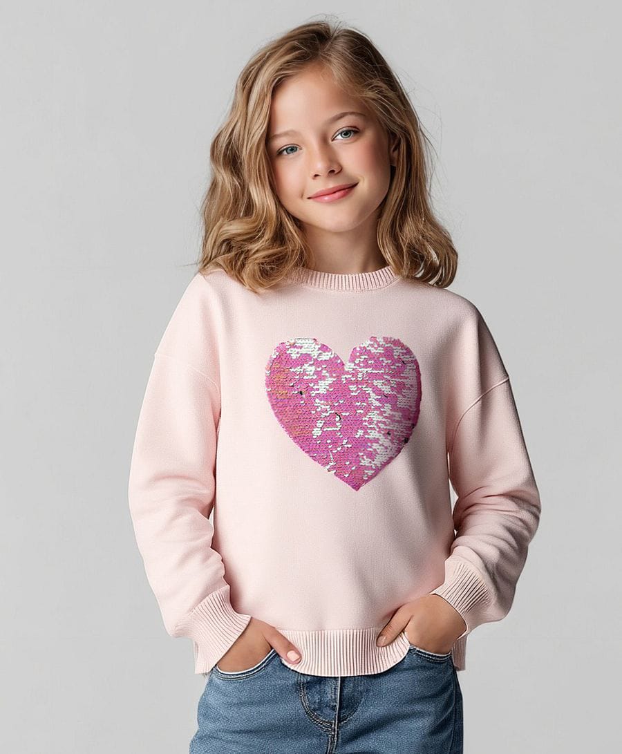Primo Gino 100% Cotton Knit Full Sleeves Pullover Sweater with Heart Reversible Sequin Detailing - Pink-picture-38