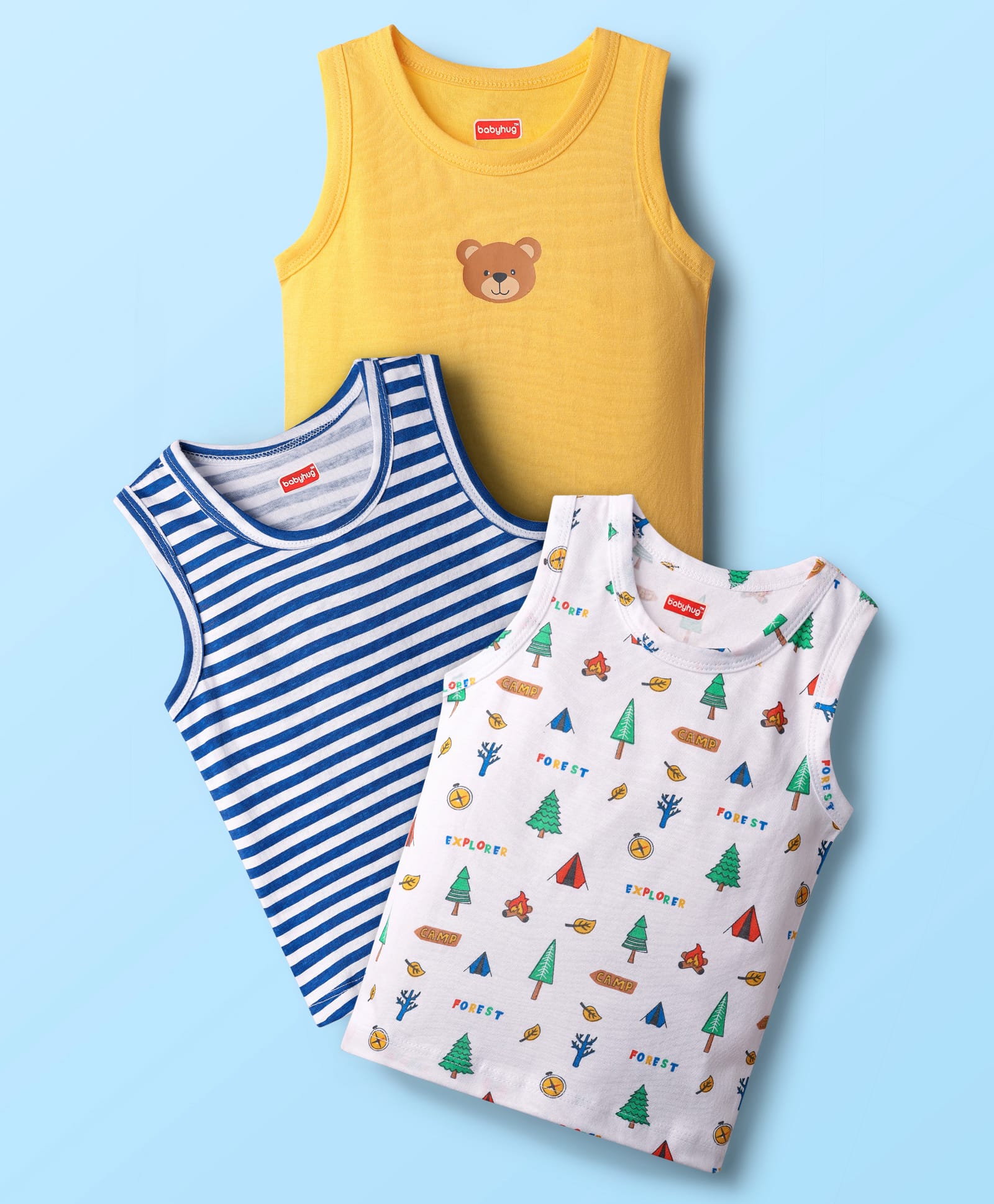 Babyhug 100% Cotton Knit Antibacterial Sleeveless Sando Vests with Stripe & Forest Print Pack of 3 - White Yellow & Blue-image-29