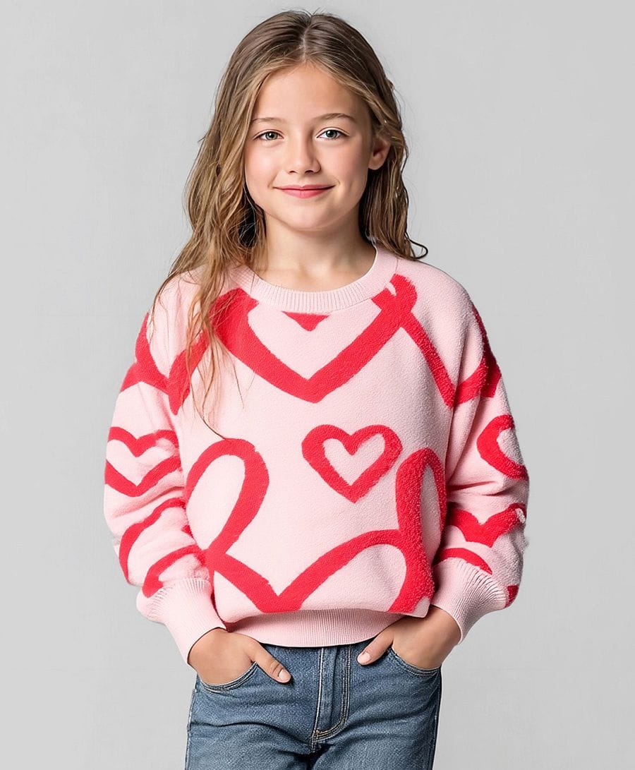 Primo Gino Knit Drop Shoulder Full Sleeves Oversized Pullover Sweater With Heart Design - Pink-image-4