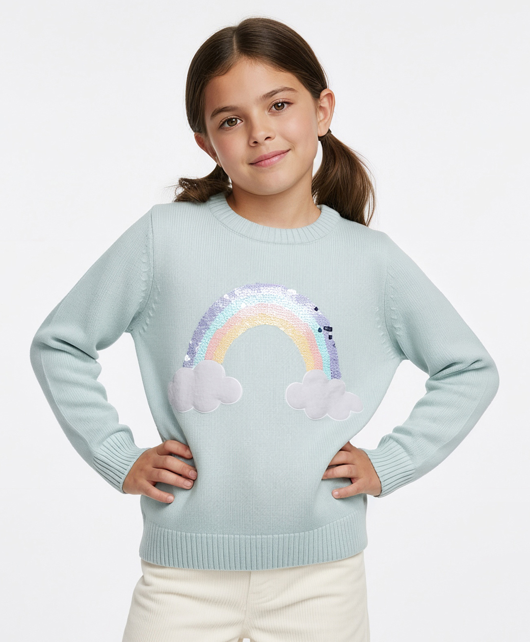 Primo Gino 100% Cotton Knit Full Sleeve Pullover Sweater With Sequin Rainbow Detailing - Light Blue-picture-21