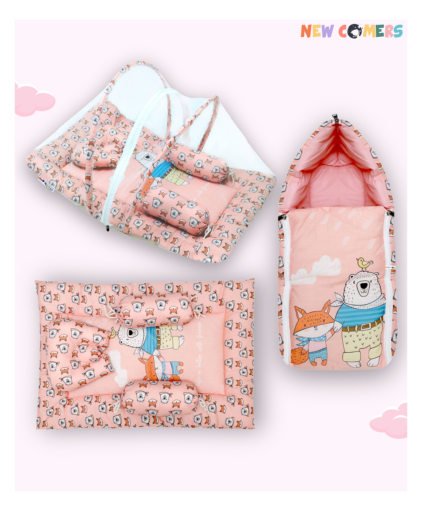 NEW COMERS Baby Bedding Set for New Born Pure Cotton 6 Pieces Foldable Gadda Set Peach)-image-1