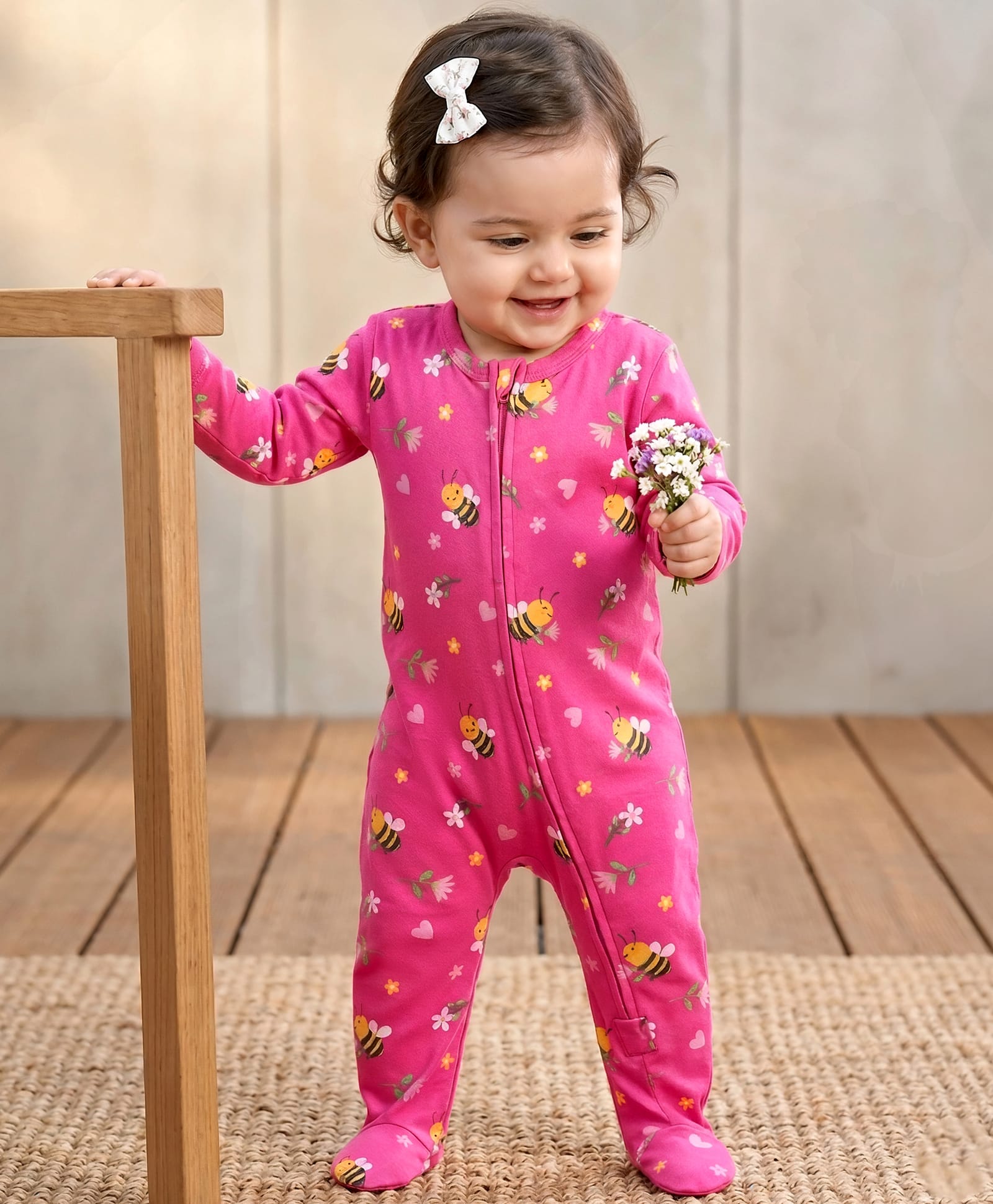 Babyhug Cotton Interlock Knit Full Sleeves Footed Sleep Suit with Honey Bee Floral & Heart Print - Pink-image-34
