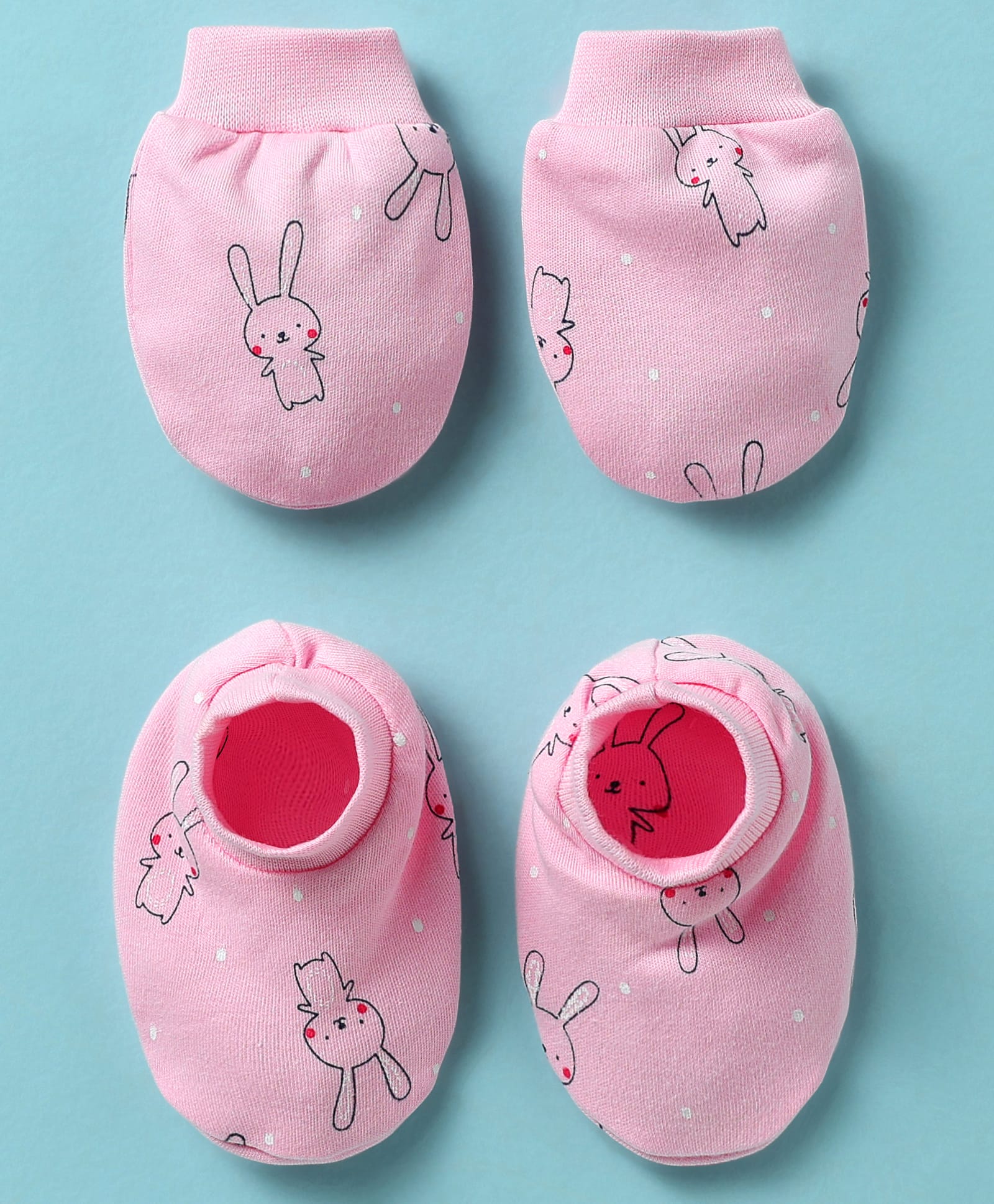 Simply Interlock Knit Mittens & Booties Set With Bunny Print - Pink-picture-10