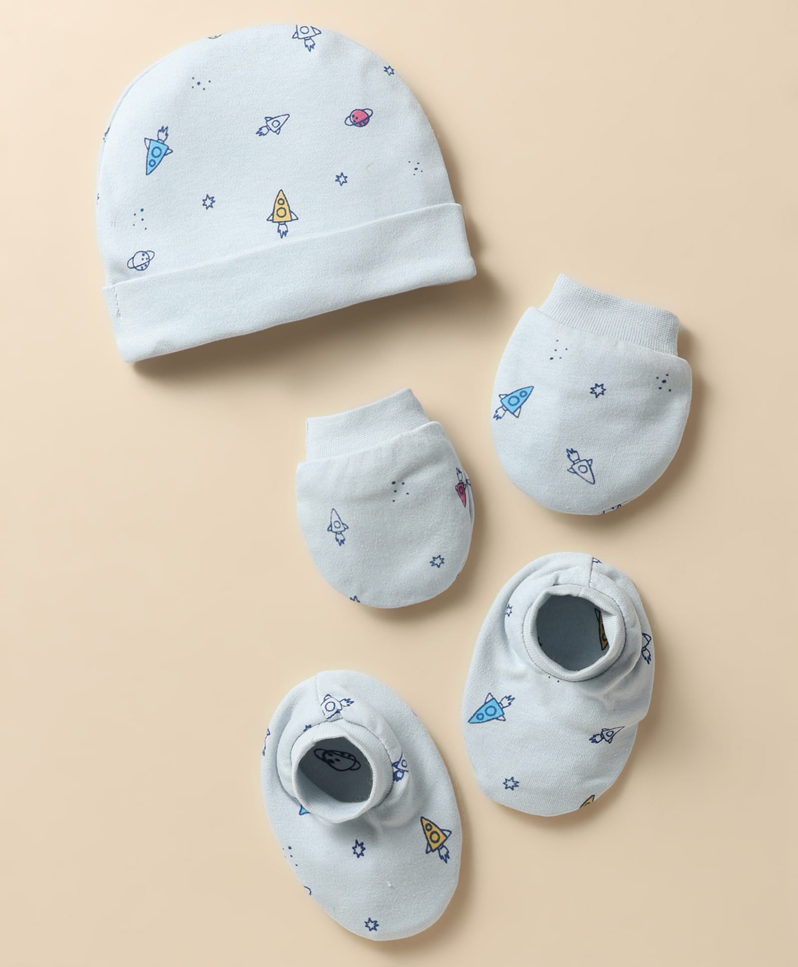 Simply Interlock Knit Cap Mittens & Booties With Space Theme Print Light Blue - Diameter 12 cm-image-47