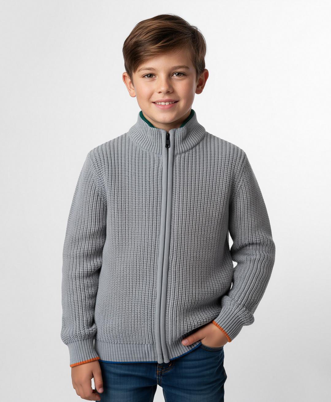 Primo Gino 100% Cotton Knit Full Sleeves Front Open High Neck Sweater with Cable Knit Design - Grey-image-16