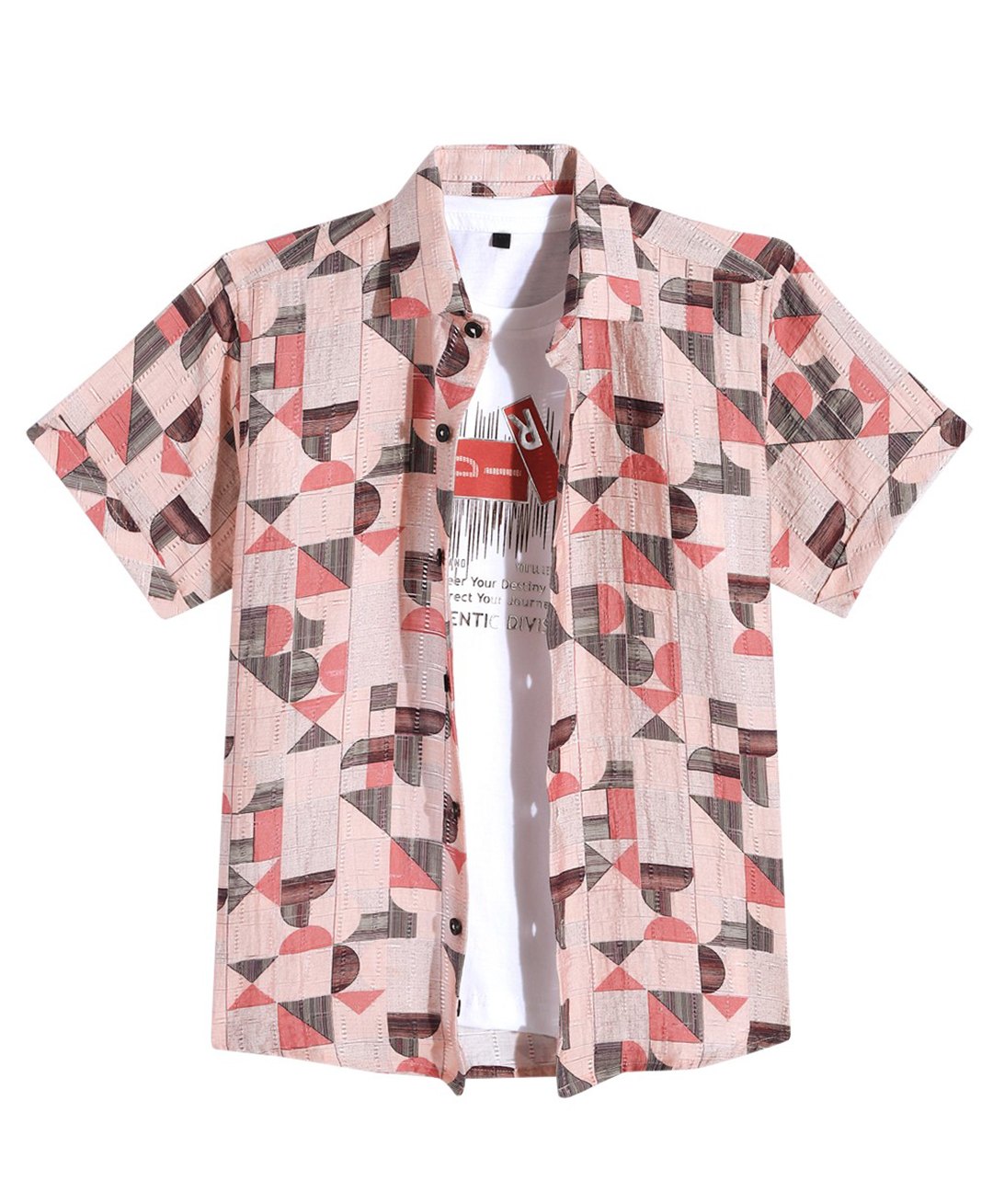 CAVIO Cotton Half Sleeves Geometric Printed Shirt With Inner Tee - Peach-picture-35
