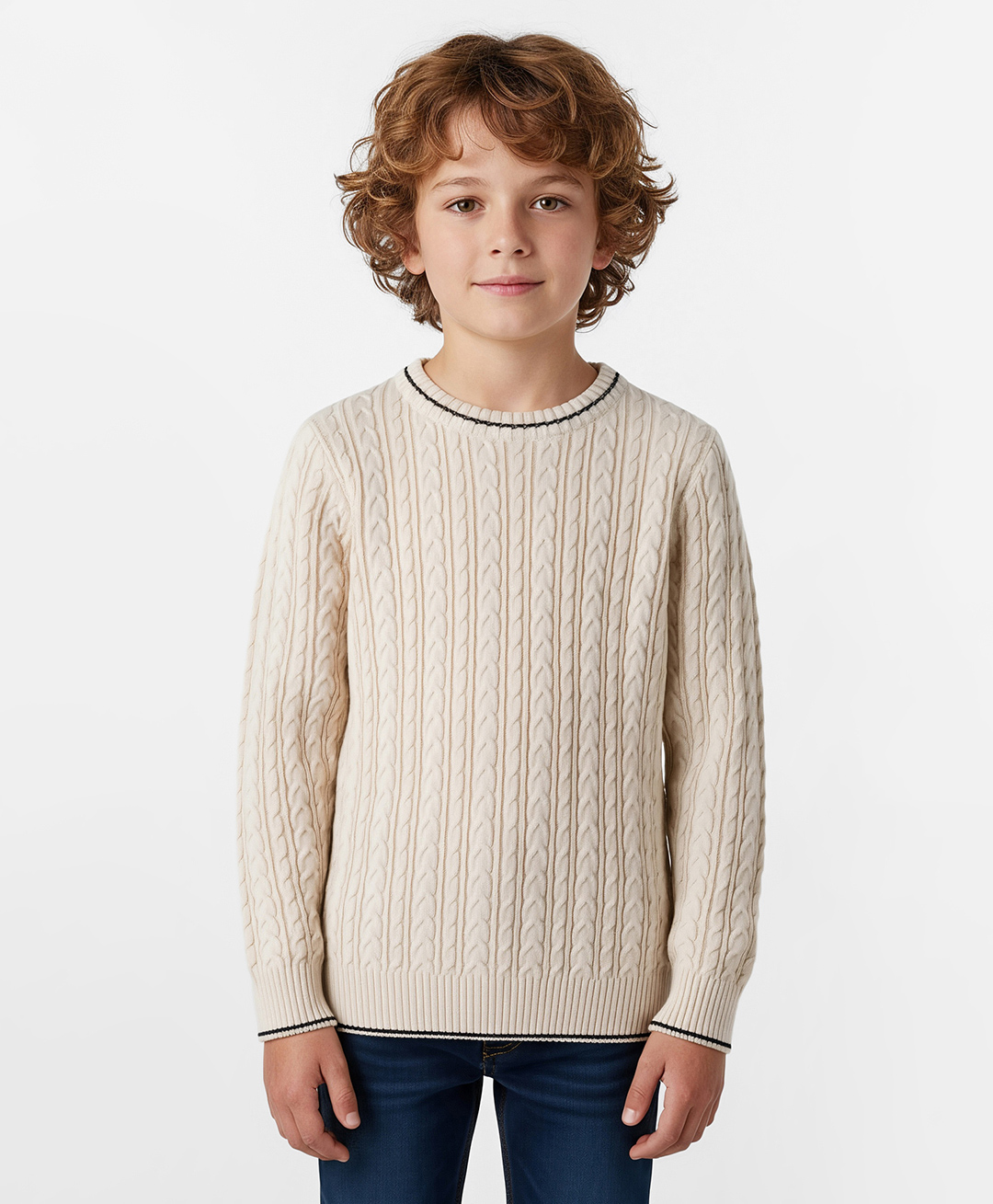 Primo Gino 100% Cotton Knit Full Sleeves Pullover Sweater with Cable Knit Design & Tipping - White-picture-16