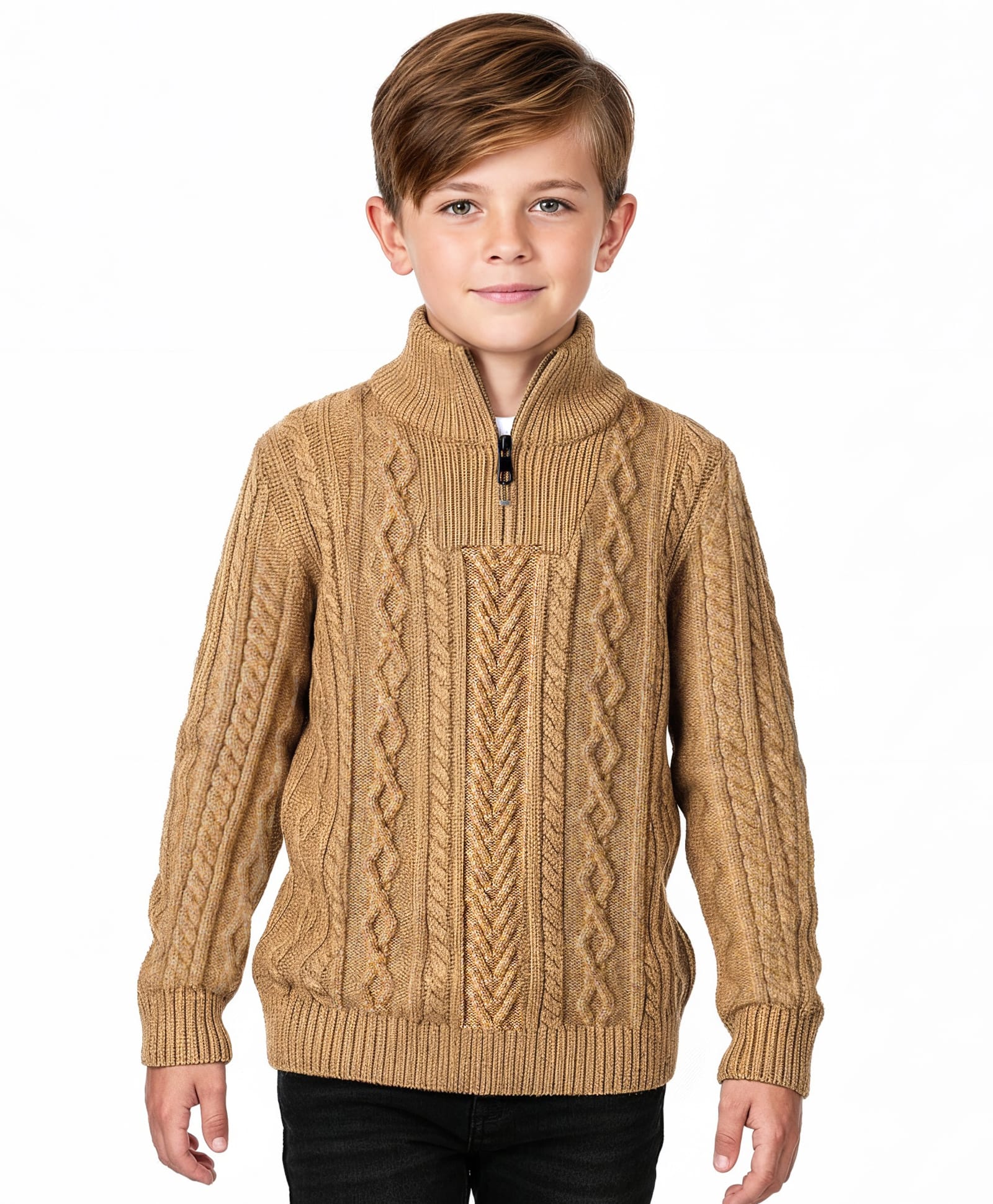 Primo Gino Cotton Knit Full Sleeves High Neck Pullover Sweater with Cable Knit Design - Tan-picture-17