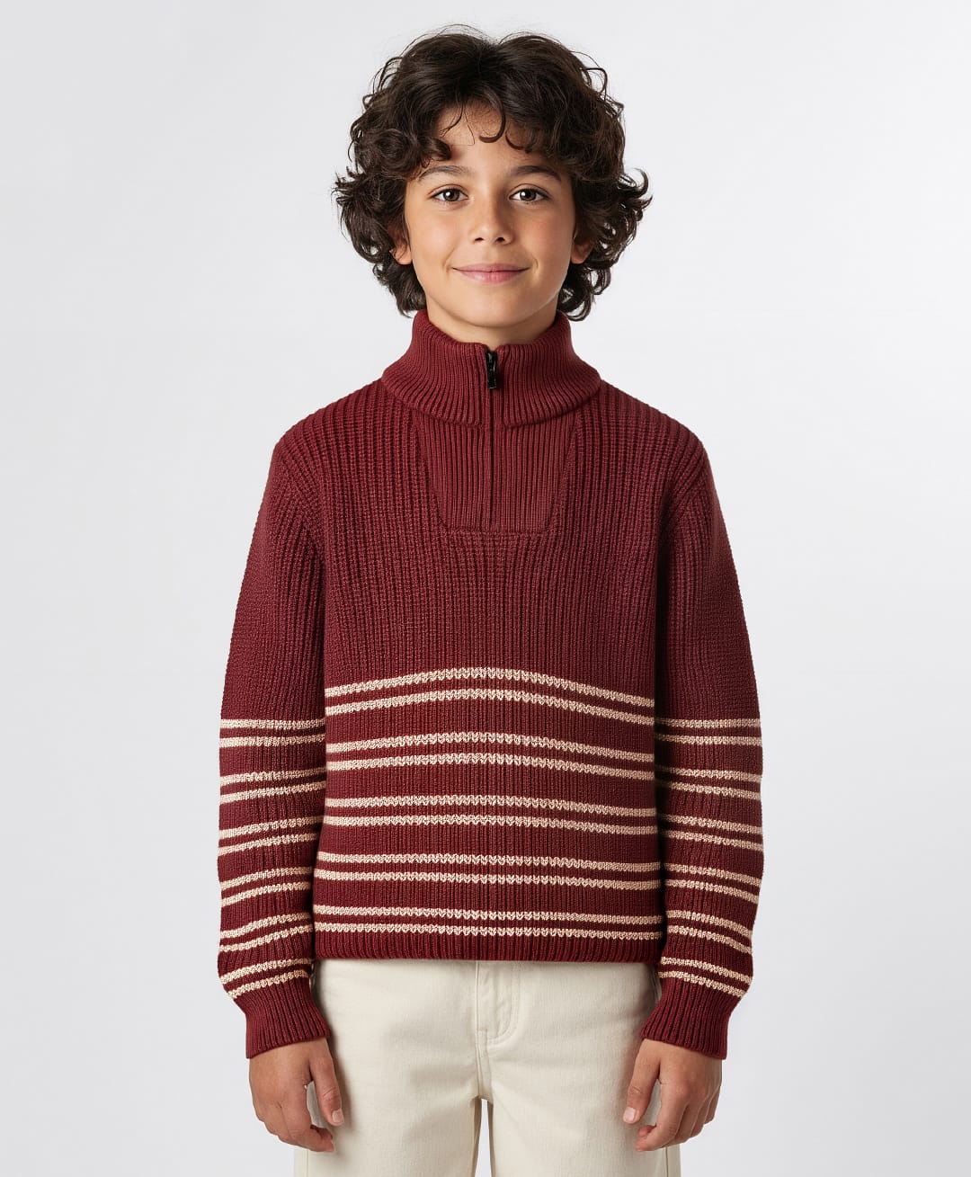 Primo Gino 100% Cotton Knit Full Sleeves High Neck Sweater with Zipper and Stripes - Burgandy-picture-28