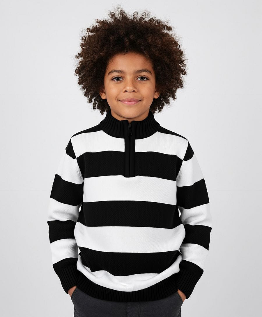 Primo Gino 100% Cotton Knit Full Sleeves High Neck Sweater with Zipper & Stripes - Navy Blue & White-image-40