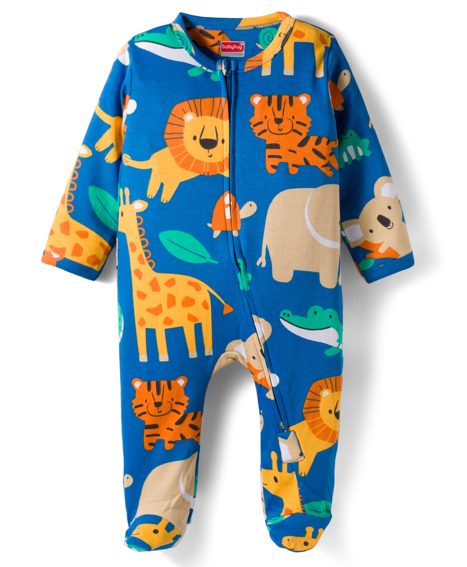 Babyhug Cotton Interlock Knit Full Sleeves Footed Sleep Suit with Animal Print - Blue-image-36