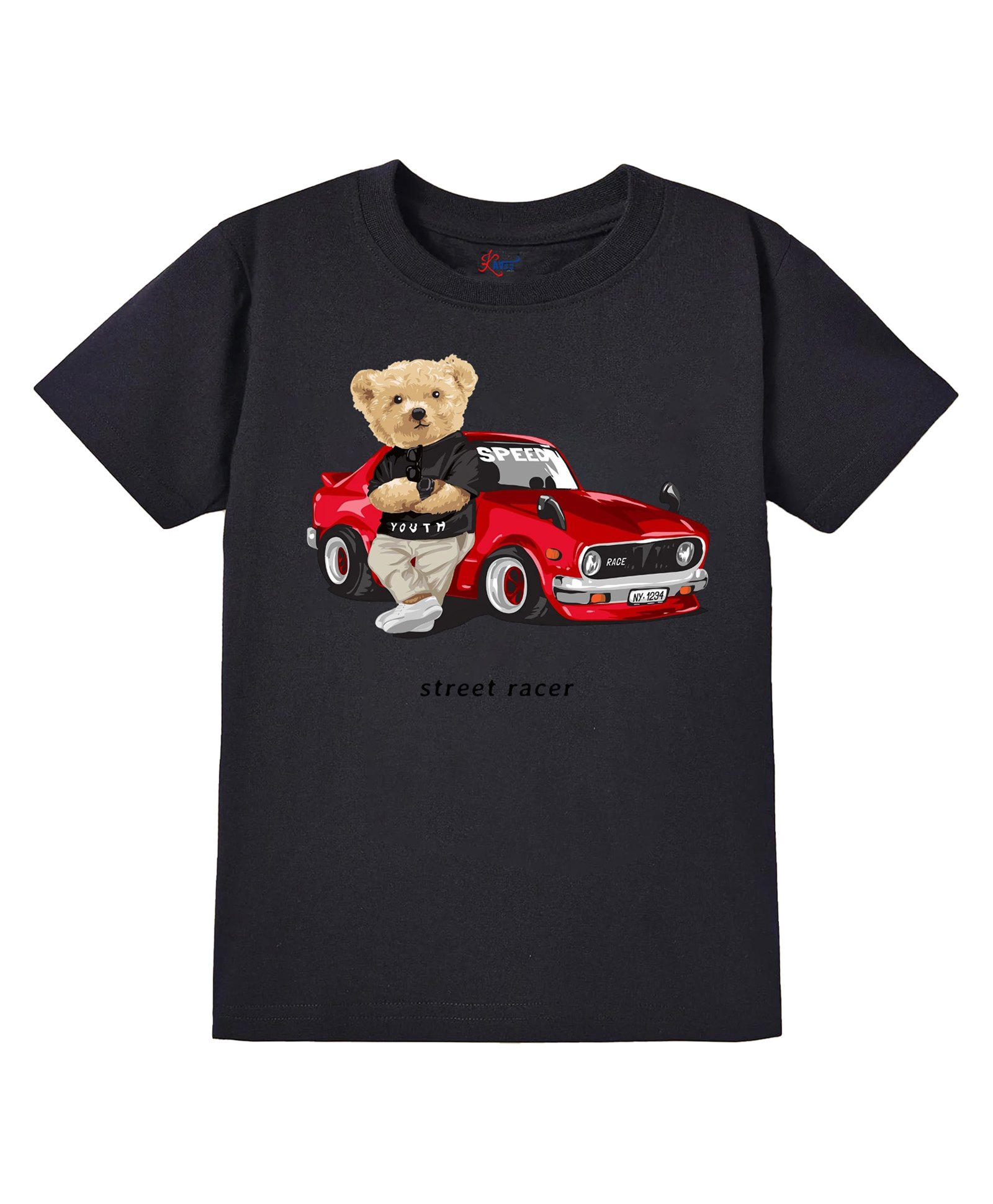 KAVEE Pure Cotton Half Sleeves Teddy Bear & Car Printed Bio Washed Tee - Black-picture-13