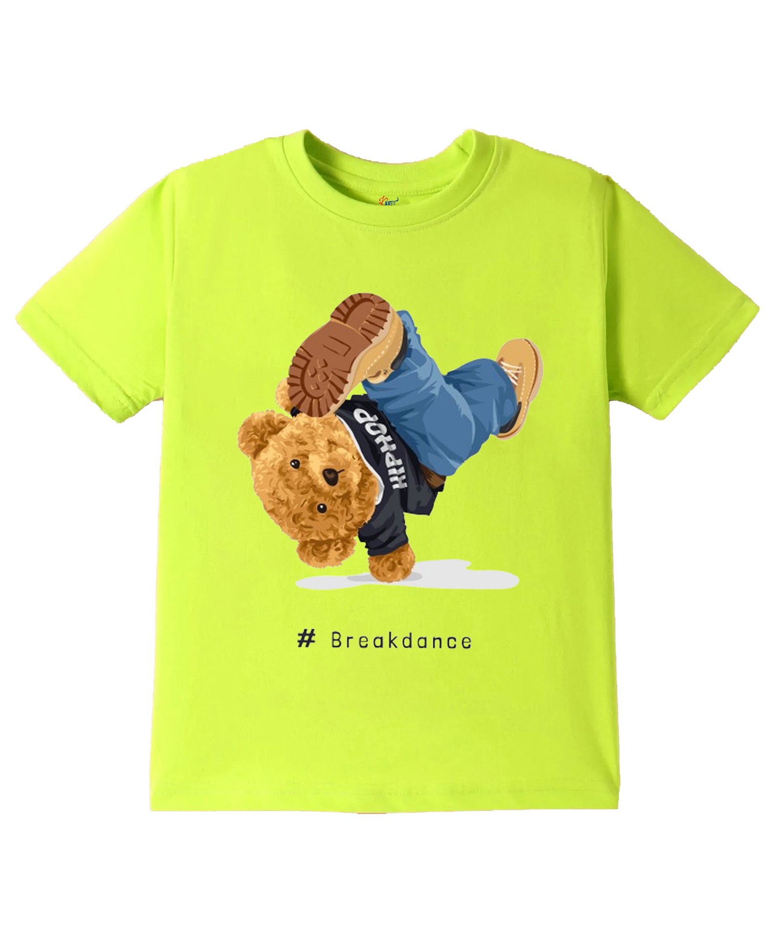 KAVEE Pure Cotton Half Sleeves Bear & Break Dance Text Printed Bio Washed Tee - Neon Green-picture-11