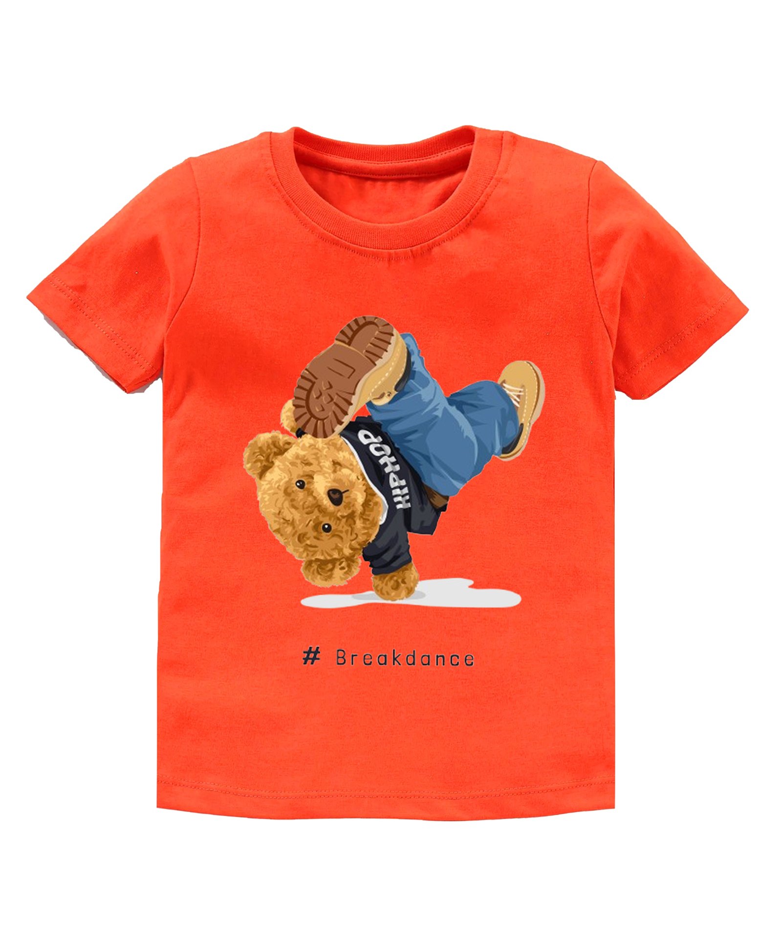 KAVEE Pure Cotton Half Sleeves Bear & Break Dance Text Printed Bio Washed Tee - Orange-picture-12