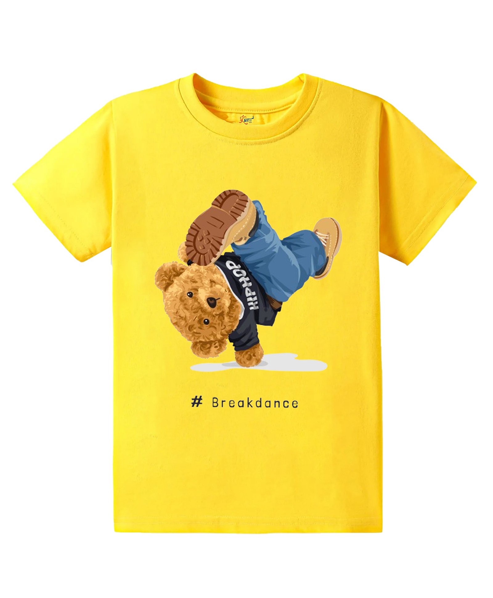 KAVEE Pure Cotton Half Sleeves Bear & Break Dance Text Printed Bio Washed Tee - Yellow-picture-10