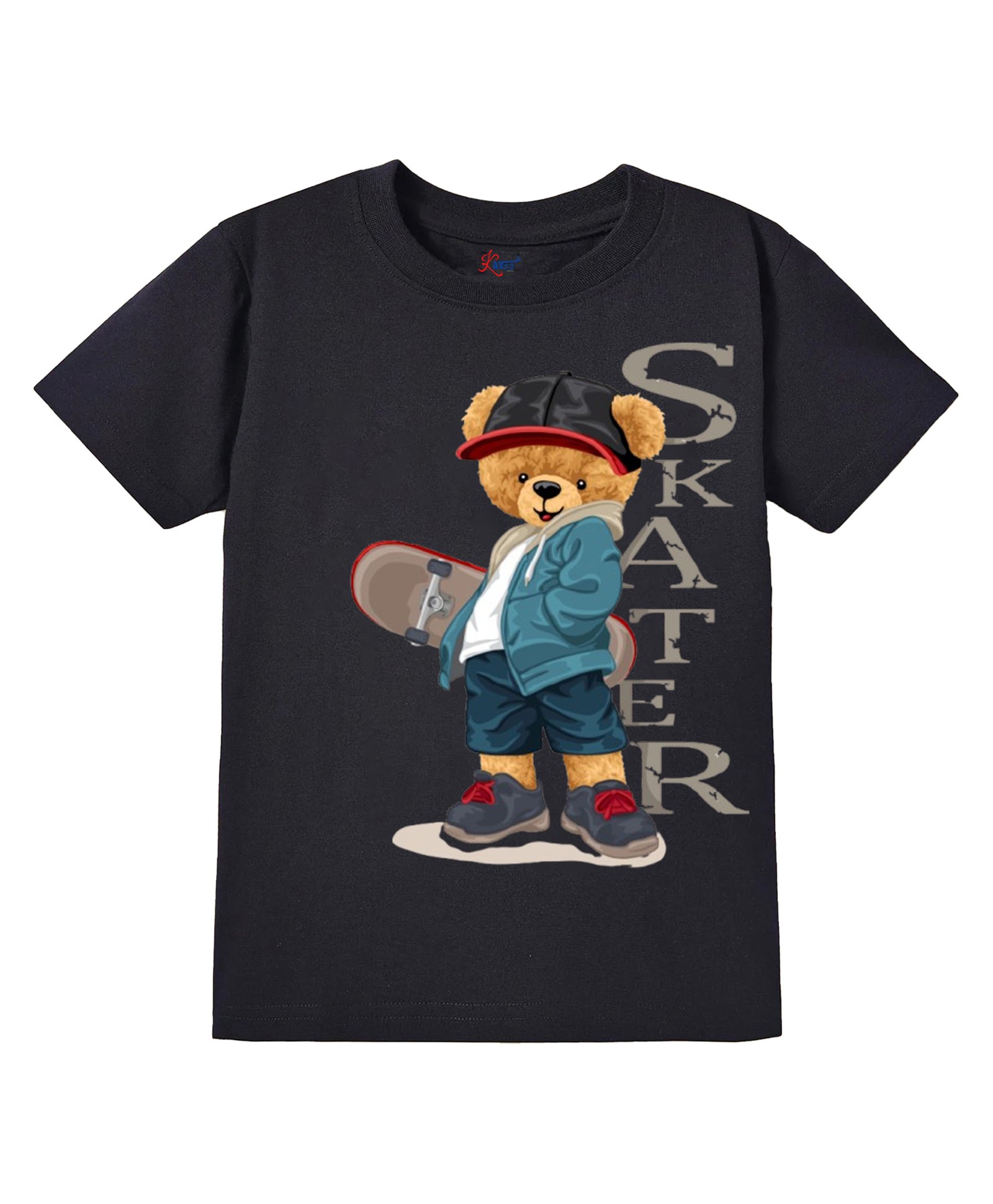 KAVEE Pure Cotton Half Sleeves Teddy Bear & Skater Text Printed Bio Washed Tee - Black-picture-12