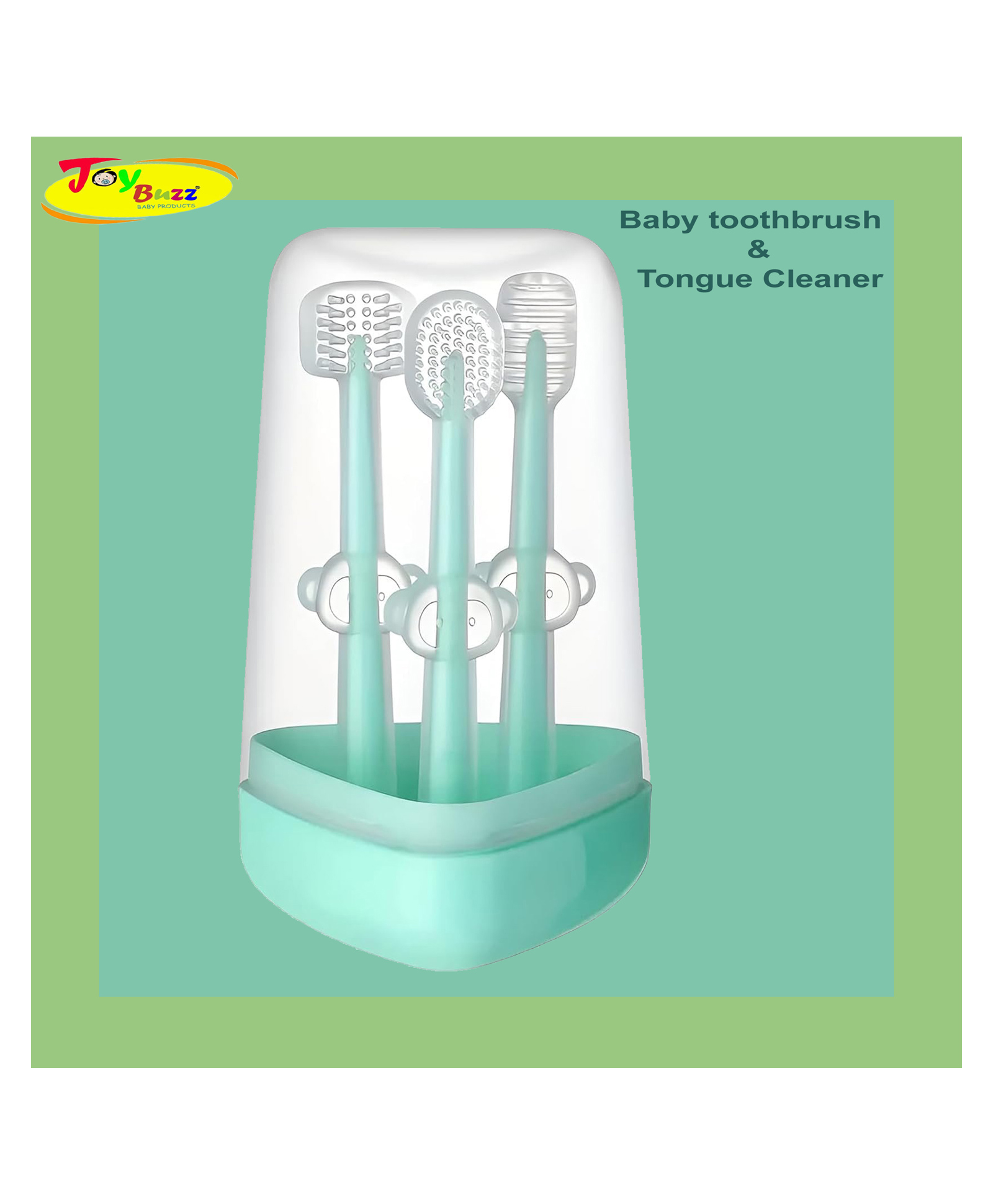 Joy Buzz Baby Toothbrush 3 in 1 Set Tongue Cleaner + U Shape Toothbrush + Toothbrush - Sea Green-picture-15